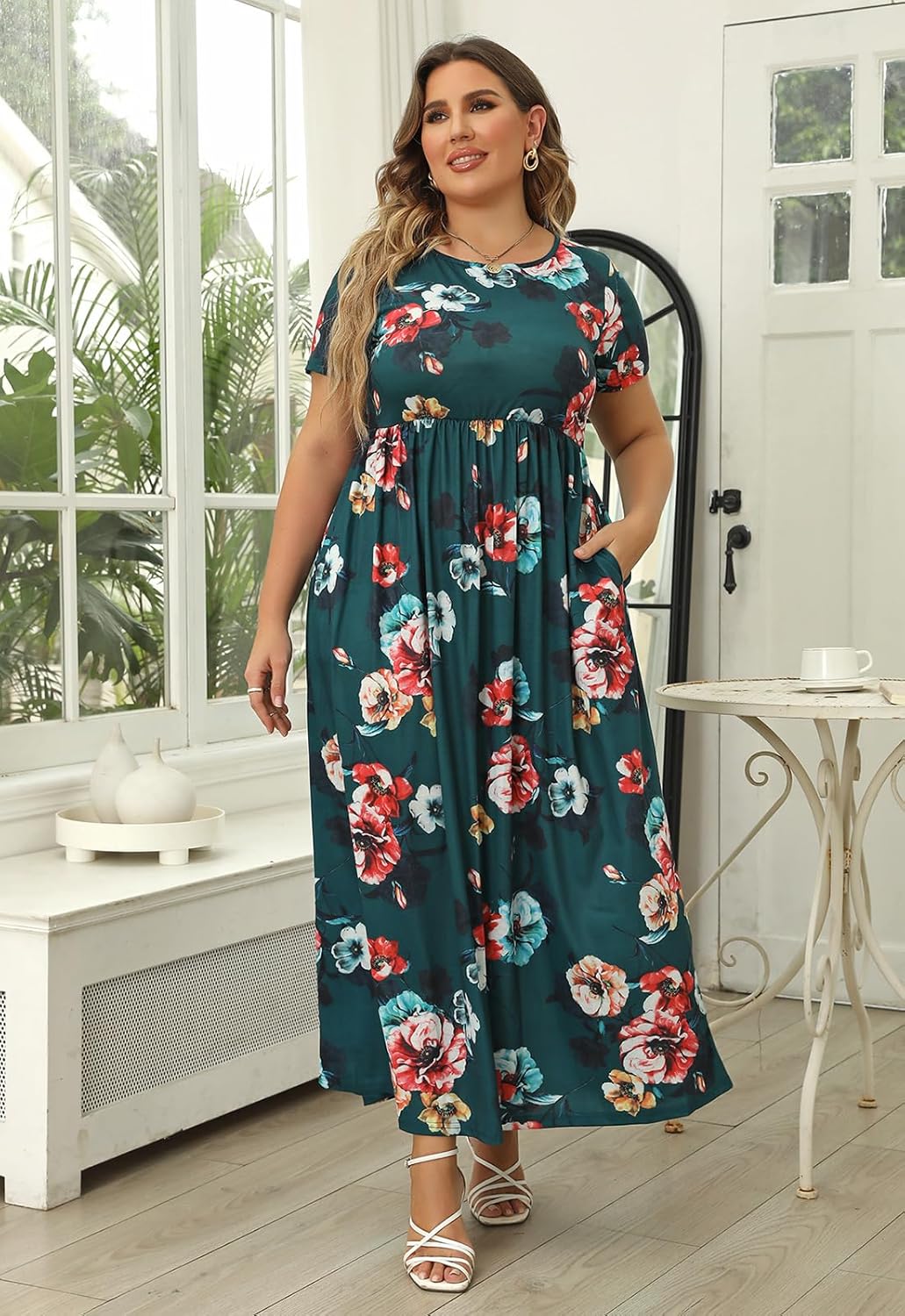 Nemidor Plus Size Maxi Dresses for Curvy Women Summer Casual Loose Short Sleeve Long Beach Dress with Pocket - Image 5