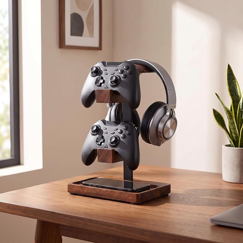 Headphone Stand with Controller Holder, Gaming Headset Stand for Desk, Walnut Headphone Holder Desk Organizer Gaming Accessories Gift for Gamers(Deep Walnut)