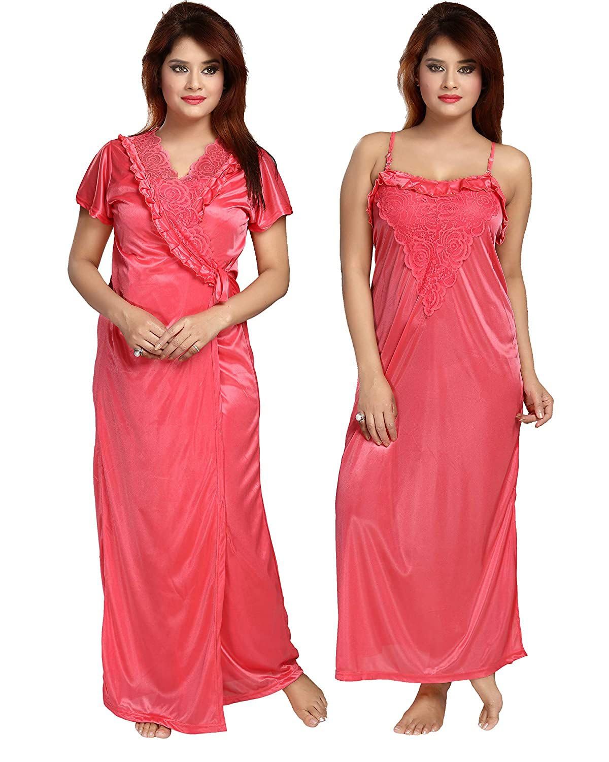 Elegant Satin 2-Piece Nightwear Set for Women | Long Slip Gown & Matching Short Sleeve Robe | Silky Sleep Dress