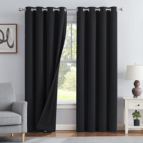 Melodieux Cortinas negras 100 % opacas para sala de estar, aislamiento térmico con ojales, cortinas de oscurecimiento de habitación completa, 52 x