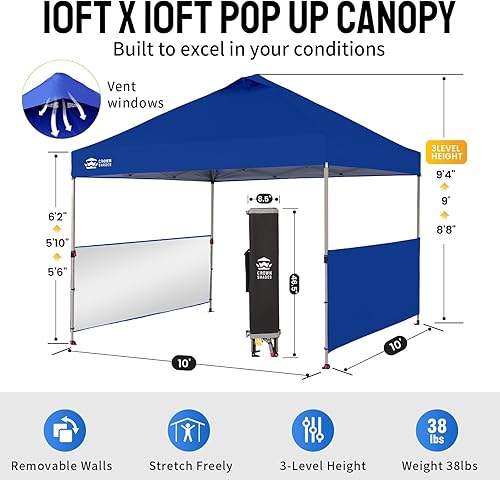 Miniatura 7 de CROWN SHADES Tienda de campaña desplegable de 10 x 10 pies con tela revestida de plata 150D, incluye 2 medias paredes laterales, 4 cuerdas, 8 Azul