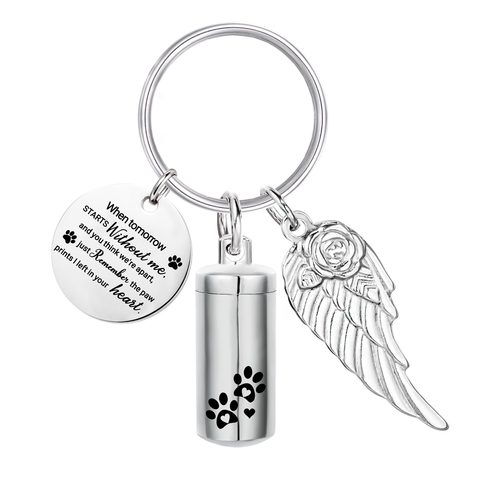 Gredstar Silver Cylinder Urn Keychain for Ashes, Paw Prints Memorial Keepsake Key Chain, Cremation Urns with Angel Wing Design, Pet Remembrance Jewelry