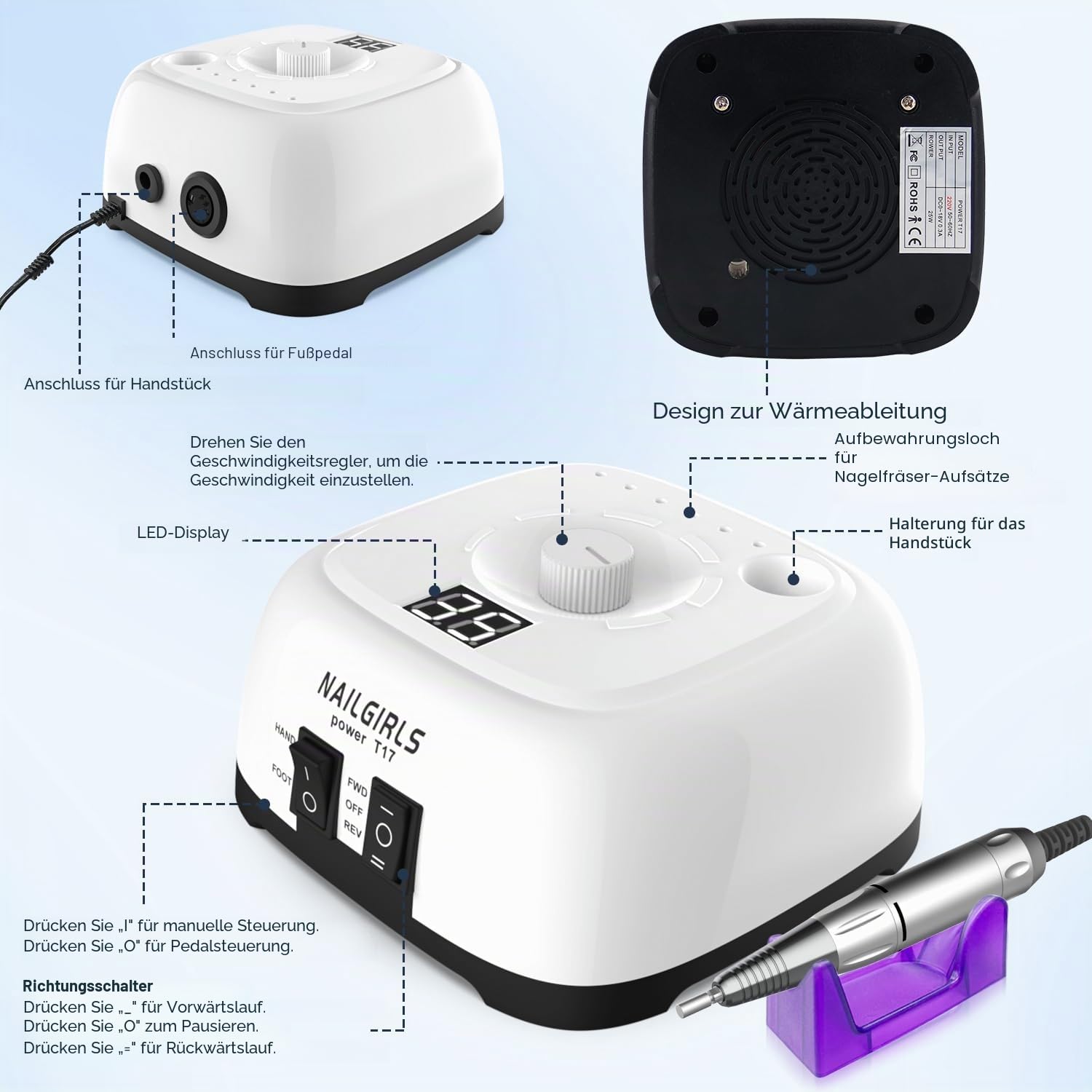 Nagelfeile Elektrisch für gelnägel,NAILGIRLS 11 in 1 Nagel Fräsmaschine,35000 U/Min Nail Drill Nagelfräser Set,Maniküre Pediküreset Elektrisch Nagelfräser für Acrylnägel mit LED-Anzeige und Fußpedal