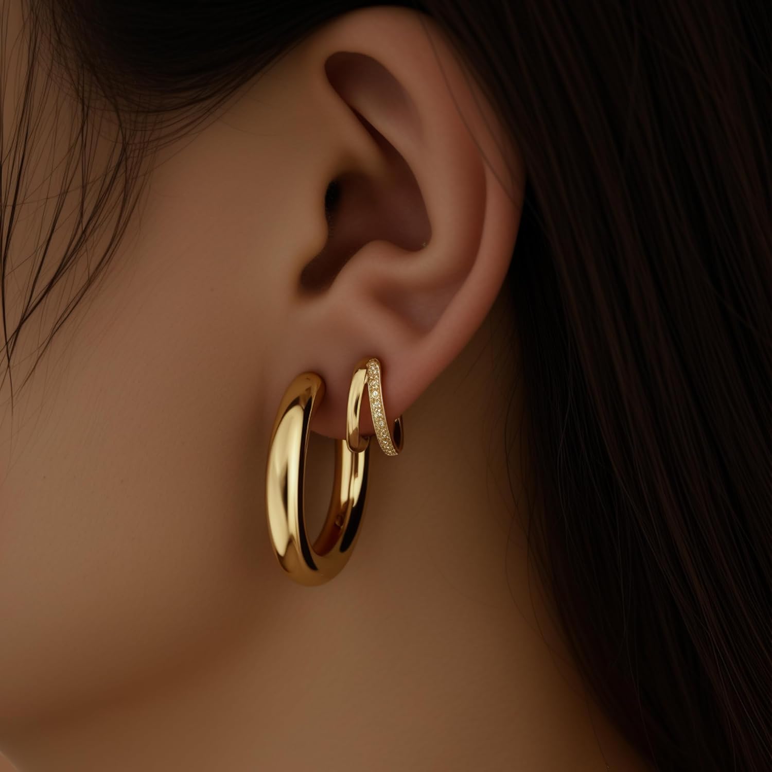 9 Pairs Small Gold/Silver Hoop Huggie Earrings Set for Women, 14K Gold Plated Chunky Hoop Small Earring Hypoallergenic Thick Open Lightweight Chunky Hoop Earrings Jewelry for Gifts - Image 3