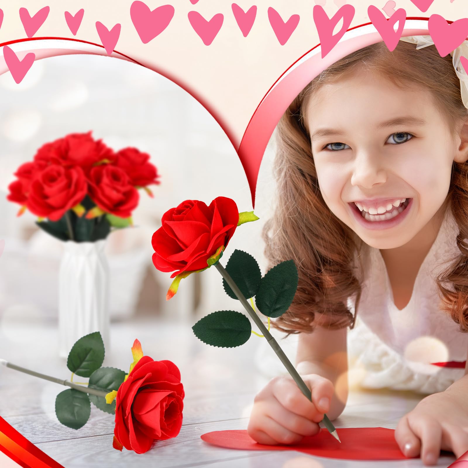 Feifeiya Lot de 30 stylos à bille en forme de rose rouge avec cartes de remerciement, fête des mères, Saint-Valentin, cadeau pour mariage, anniversaire, fête, bureau, fournitures scolaires