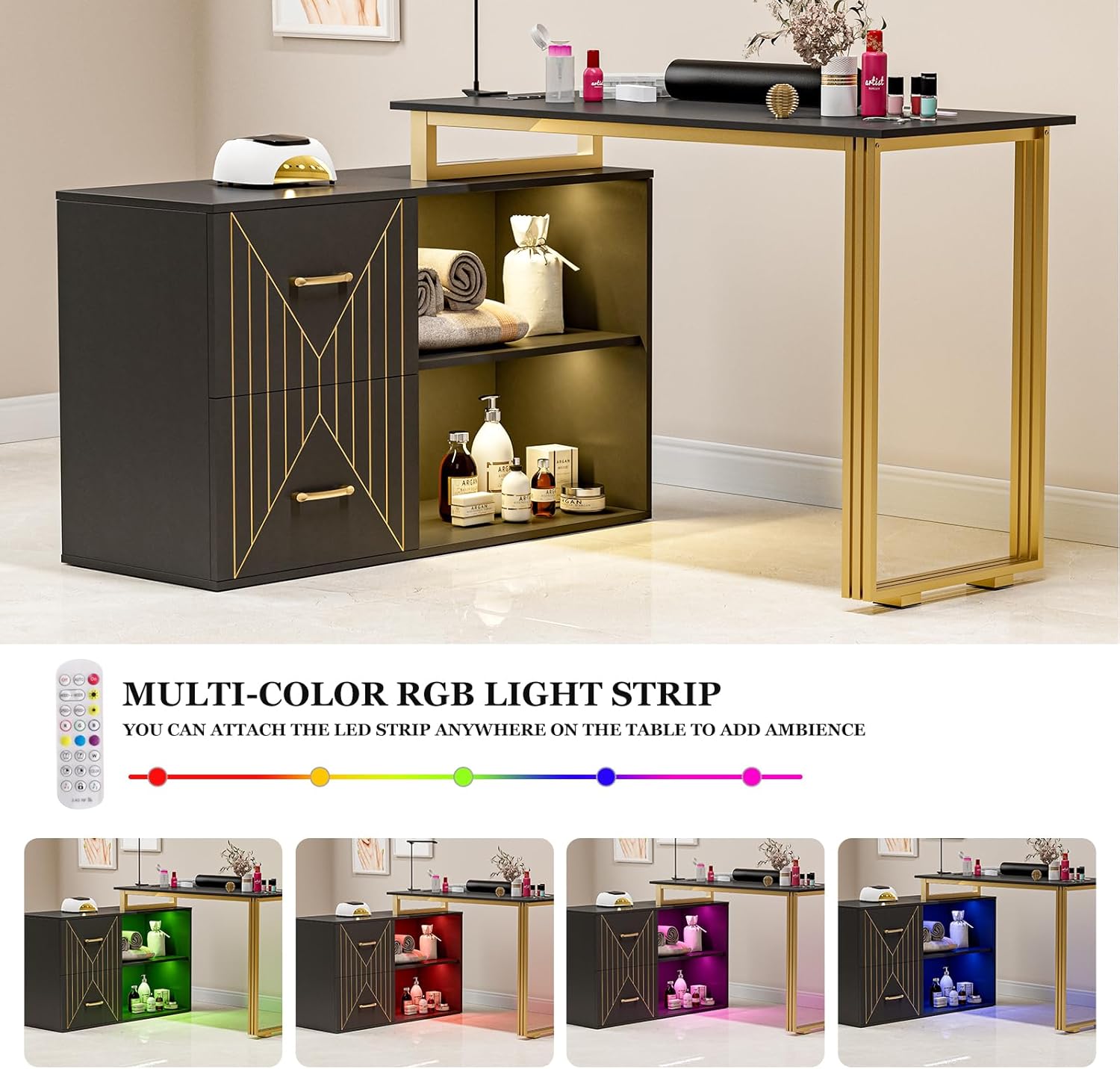 Manicure Table with 16 Colors LED Lights, L-Shaped Nail Table Station, Beauty Salon Nail Supplies Decor w/2 Drawers, 2 Shelves, Wrist Rest, Metal Handles for Nail Tech(Black)