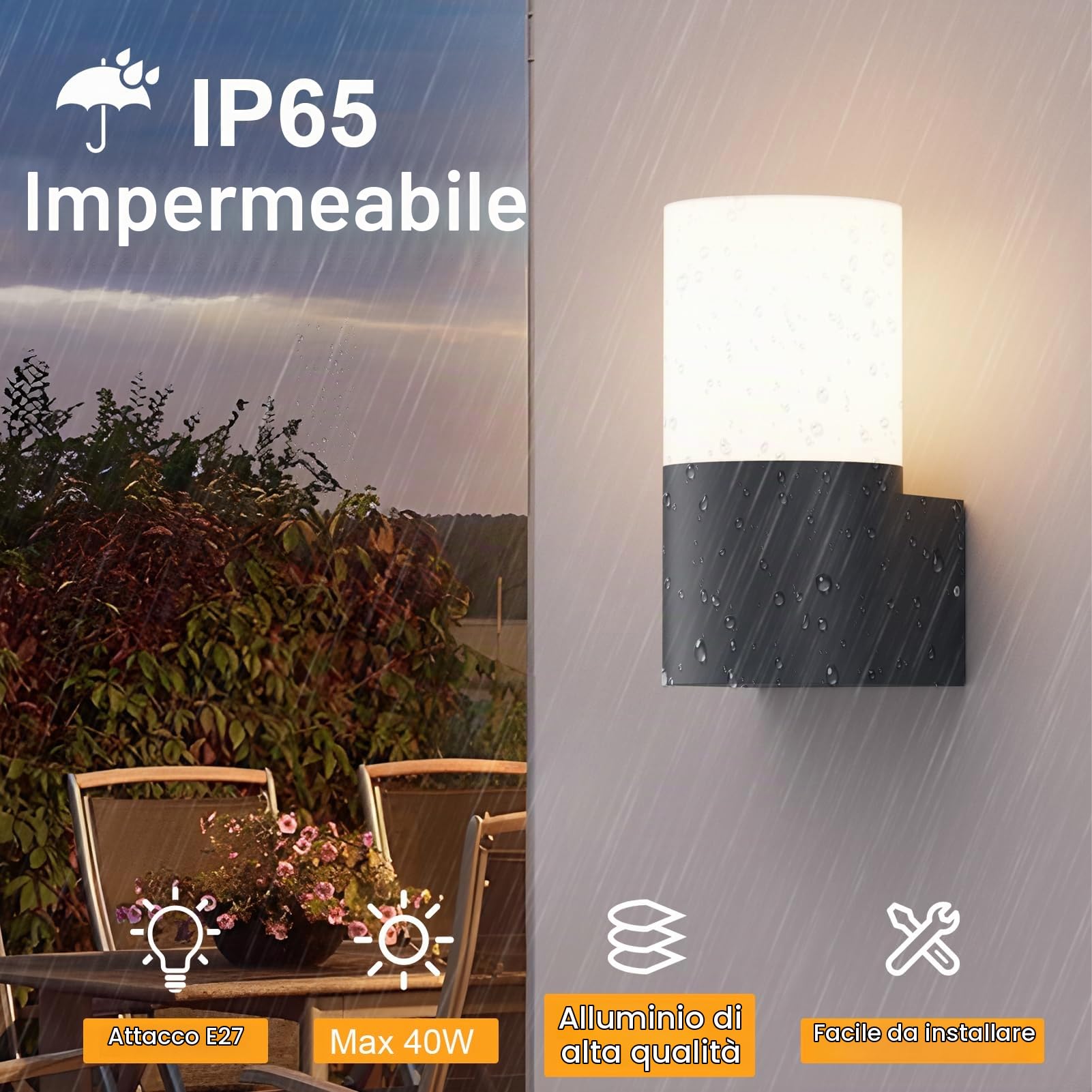 Klighten 2 pezzi Lampada da Parete E27 Esterno/Interno, Antracite Applique da Parete, Impermeabile IP65 Lampada da Muro, Luci da parete Alluminio, per Balconi/Giardini, 40W Max, Non Inclusa Lampadina