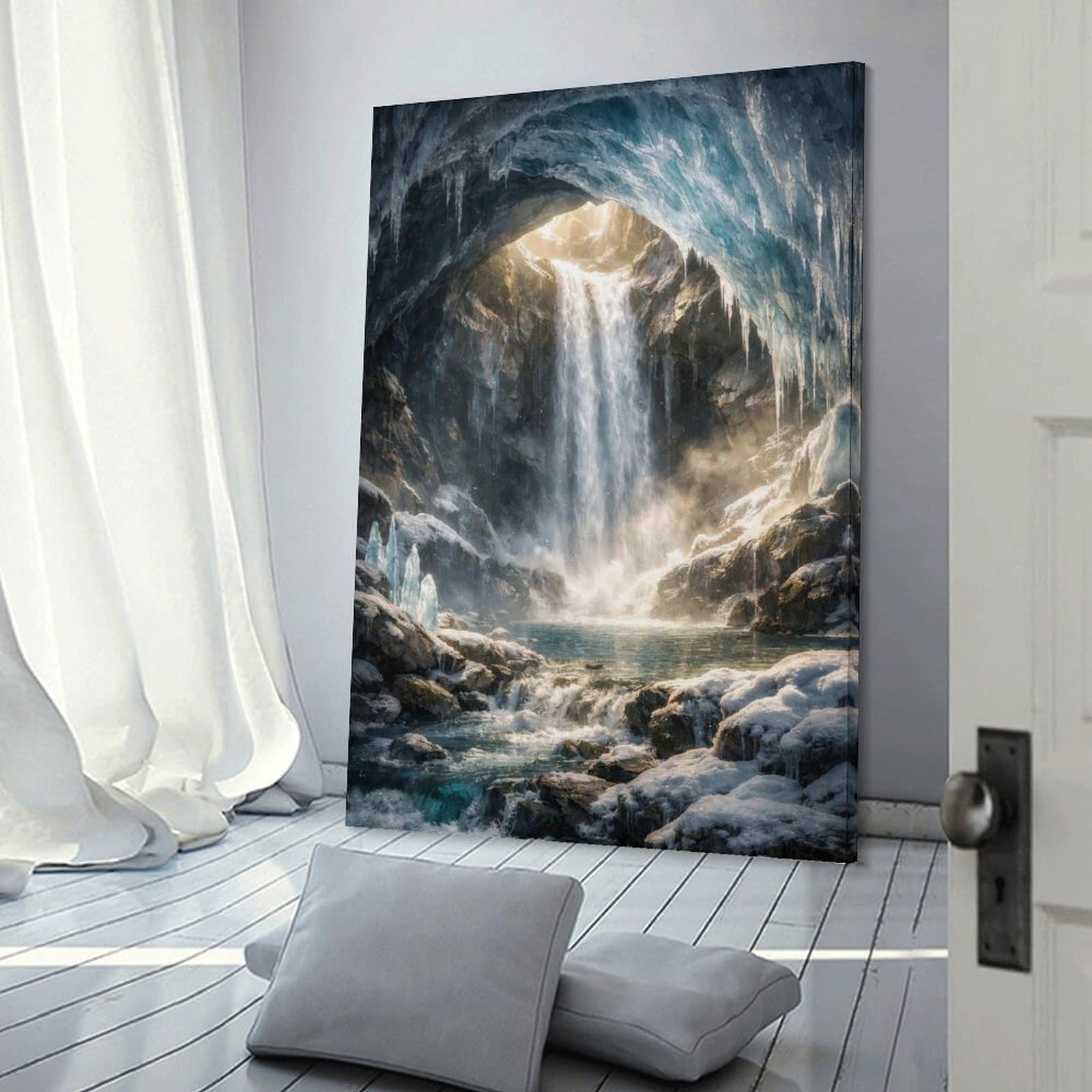 Junmoney Frame-Style-10 Frozen Waterfall Cave Wall Art Print, 20X30inch(50X75cm), For Living Room, Bedroom, Office Or Hallway, A Flexible Wall Accent For Shared Spaces