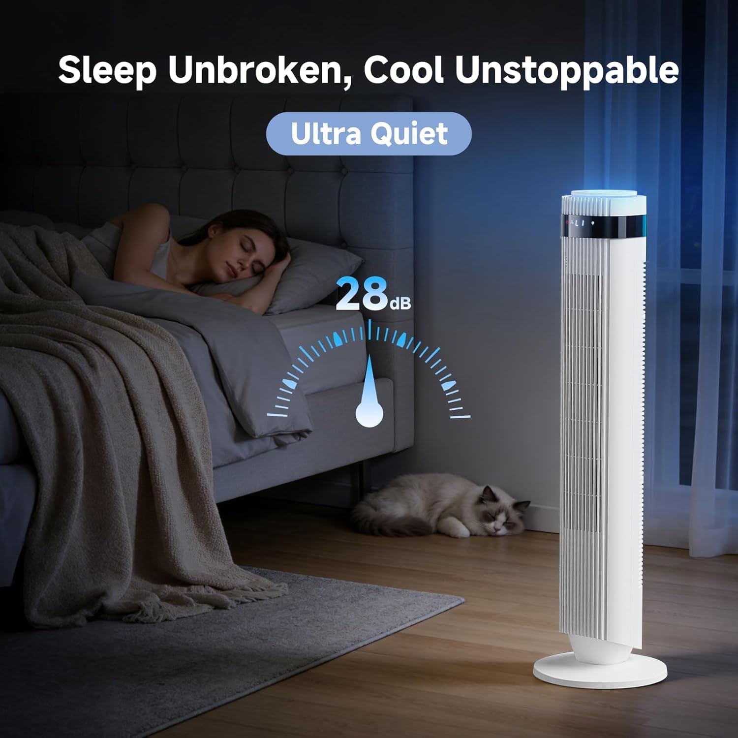 36 Inch Tower Fan for Bedroom, 22.3ft/s Velocity Standing Fan with 28dB Quiet for Sleep, Remoter, LED display, 5 Speeds, 4 Modes, 12H Timer, 64°Oscillation for Home, Office, Indoor, Bladeless, White