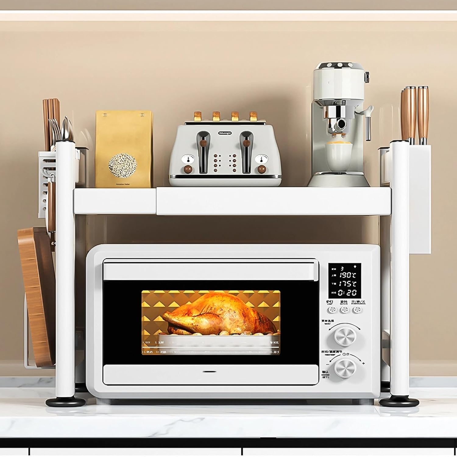 Adjustable Microwave Oven Rack with 6 Hooks，Expandable Microwave Storage Stand Counter Shelf for Tableware, Kitchen Organizer