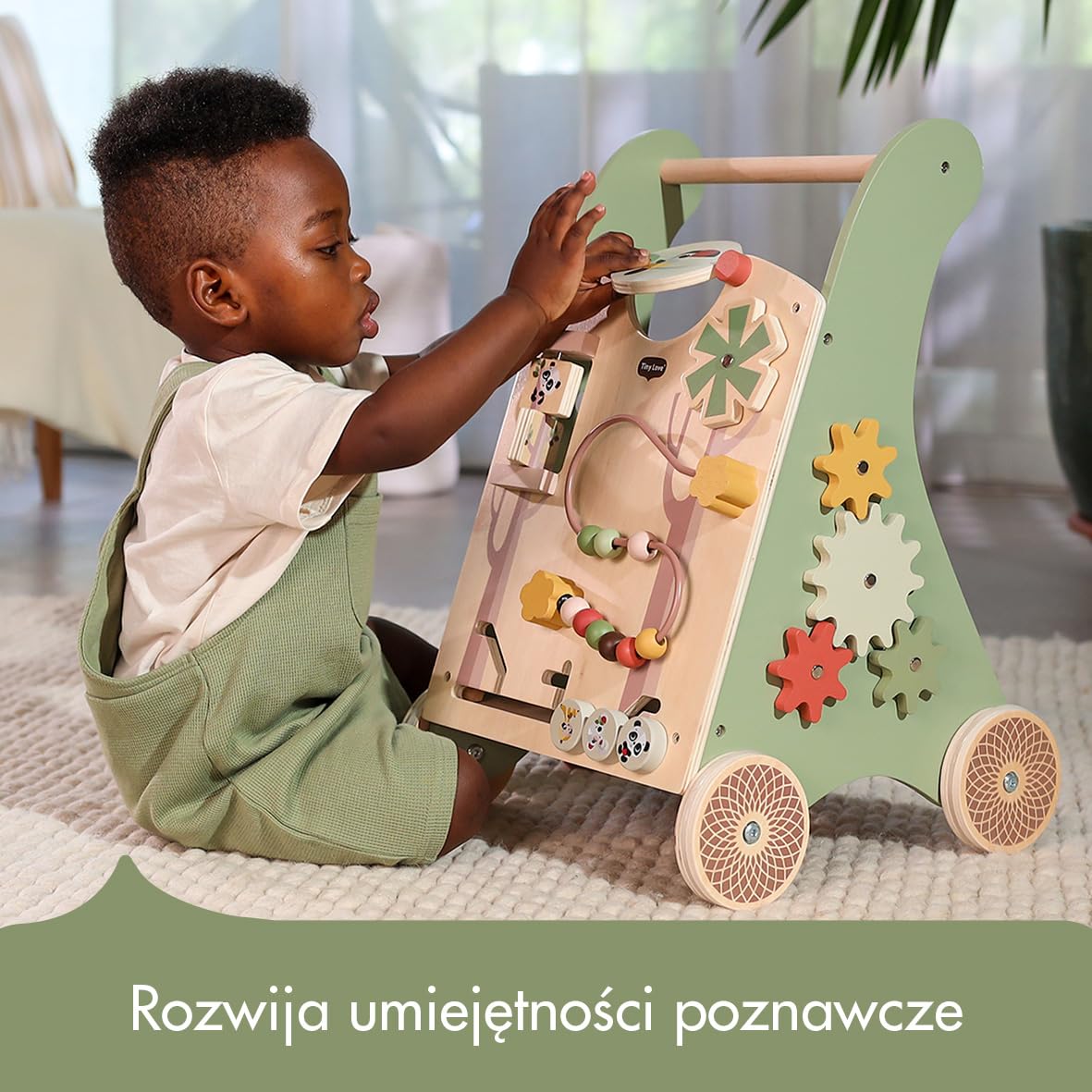 Tiny Love Drewniany chodzik, Interaktywny Chodzik edukacyjny 2 w 1, 12 interaktywnych zabaw, rozwija zdolności motoryczne, rozwój poznawczy, naturalna konstrukcja, od 18 miesięcy, Boho Chic