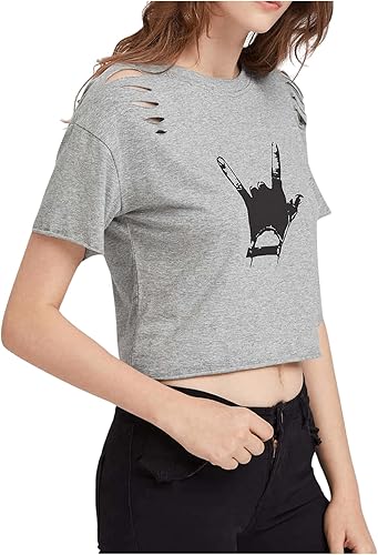 Miniatura 5 de SweatyRocks - Camiseta ombliguera desgastada con manga corta e impresión gráfica, para mujer