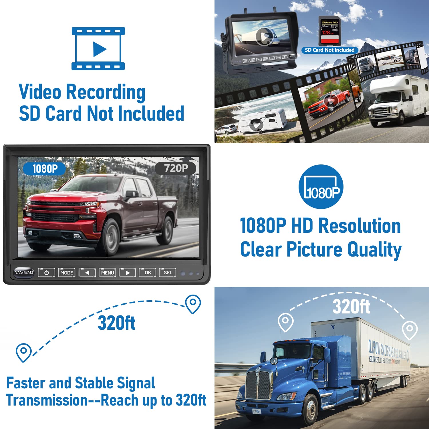 Kabellos Rückfahrkamera Set HD 1080P 7'' Monitor IP69 wasserdichte Backup Kamera 150° Weitwinkel Nachtsicht für Van PKW LKW Wohnwagen