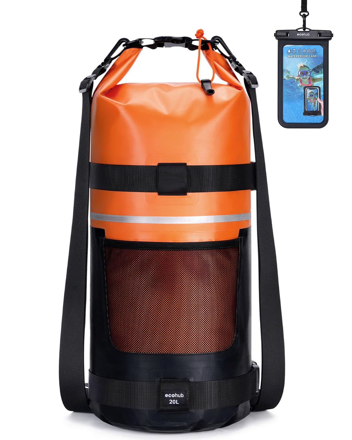 ECOHUB Waterproof Dry Bag with Waterproof Phone Case, 20L Roll Top Lightweight Dry Backpack with Long Adjustable Shoulder Strap for Kayaking Hiking Canoeing Floating Rafting Swimming, Burnt Orange