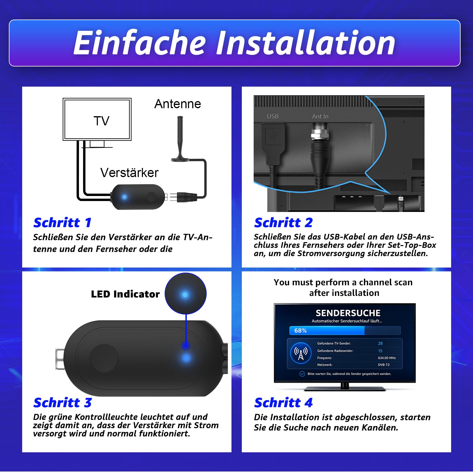 TV Antennenverstärker DVB-T2 HD 4K, USB Signalverstärker für TV Antenne, Antennen Booster zur Verbesserung des Empfangs, kompatibel mit Zimmerantenne, Smart TV, Receiver