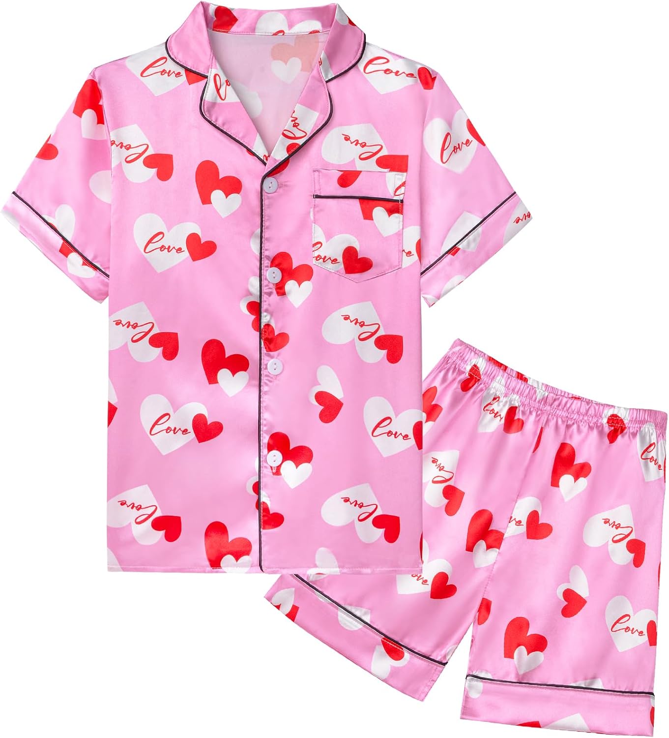 Nidoul Girls Pajamas Satin Short Sleeve Button Down Silky Pjs Girls' Sleepwear Set for Toddler Kids 3T-10Y