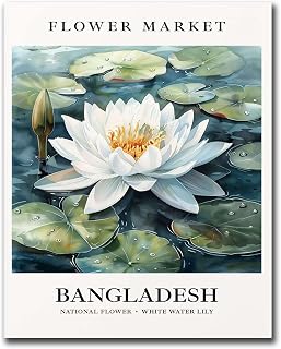 TGRNFHKPYY Canvas Painting Wall Mural Print Bangladesh National Flower White Water Lily 1960s Neutral Botanical Pastel Flower Market Kitchen and Dining Room Wall Decoration 8x12inch