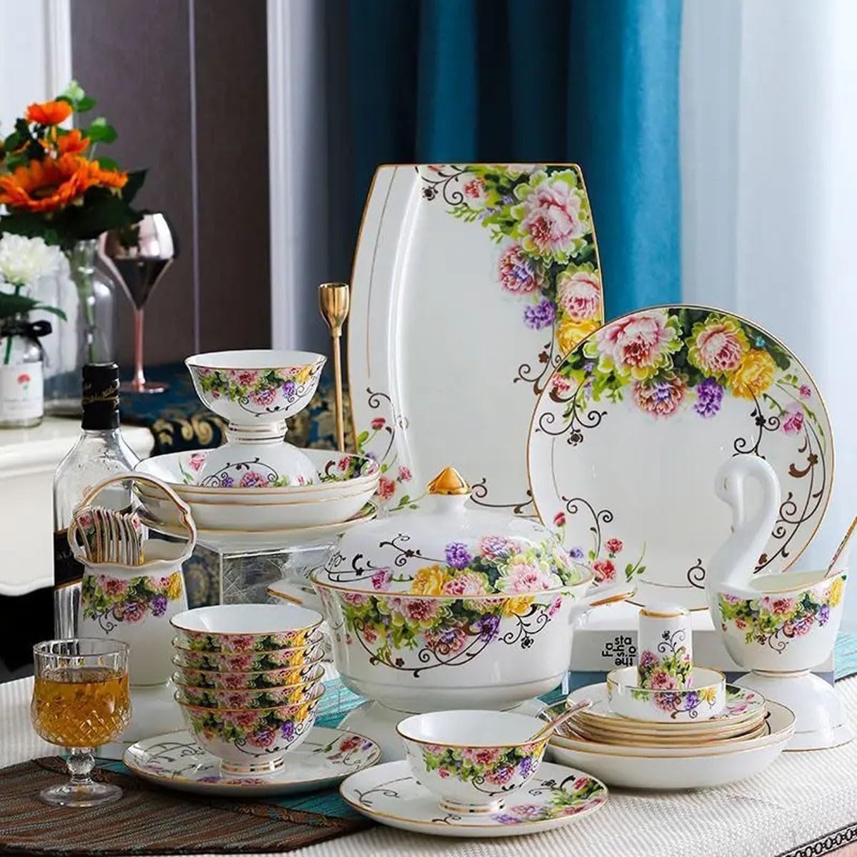 H3TF5J Zestaw stołowy europejskiego w stylu duszpasterskim, 60 sztuk kostki stołowej w Chinach, wytrzymałą porcelanę, wielofunkcyjna zastawa stołowa gospodarstwa domowego, prezent na parkiecie domowym