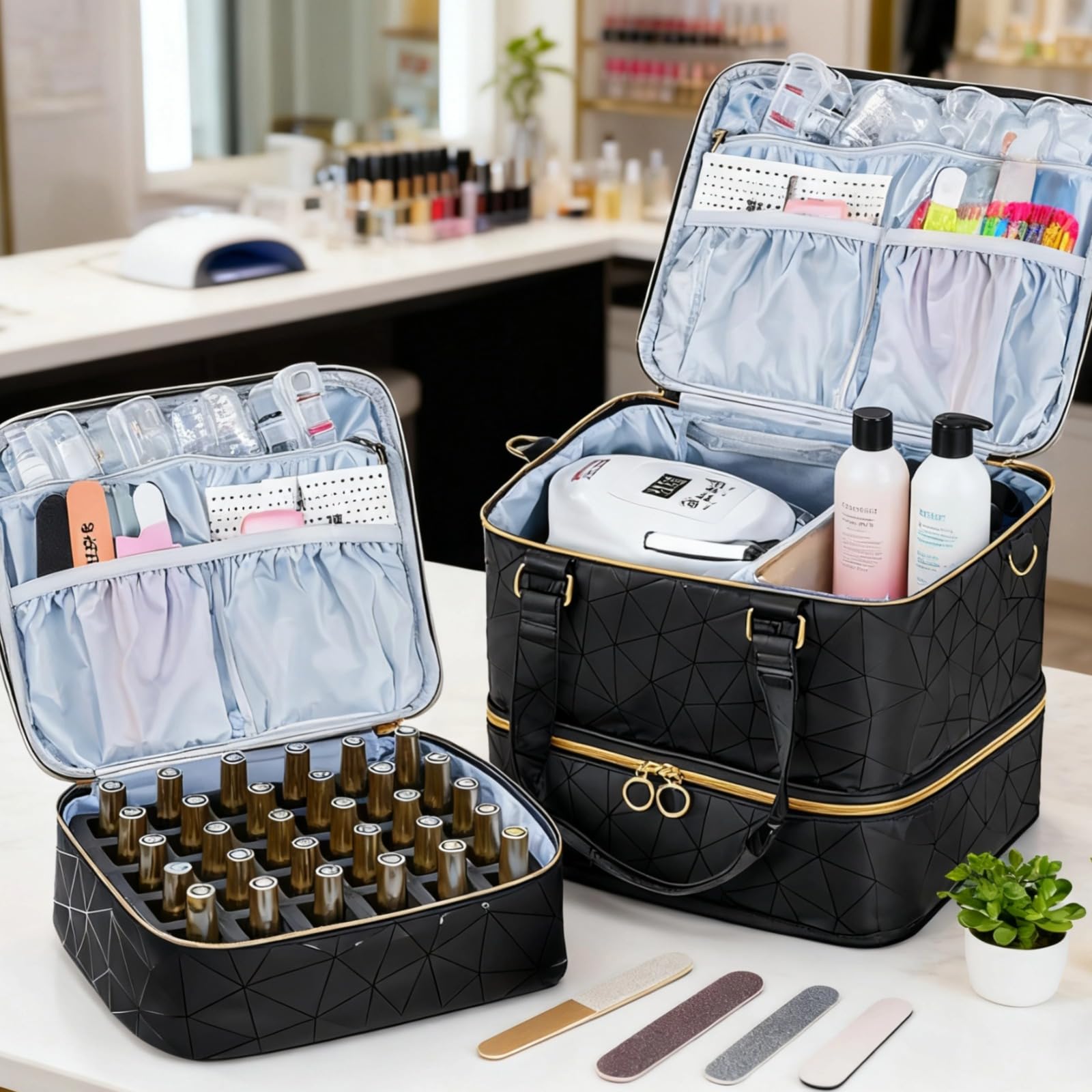 Organizer na lakier do paznokci, zdejmowany 3-warstwowy uchwyt do przechowywania ze skóry PU, mieści 60 butelek, odporna na wstrząsy torba do manicure, na narzędzia do lampy do paznokci