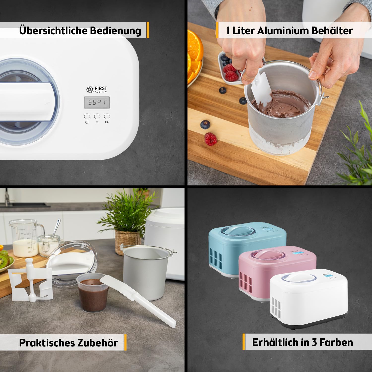 TZS First Austria Eismaschine 1L mit Kompressor 3 in 1 Ice Cream Maker 100W selbstkühlend Weiß
