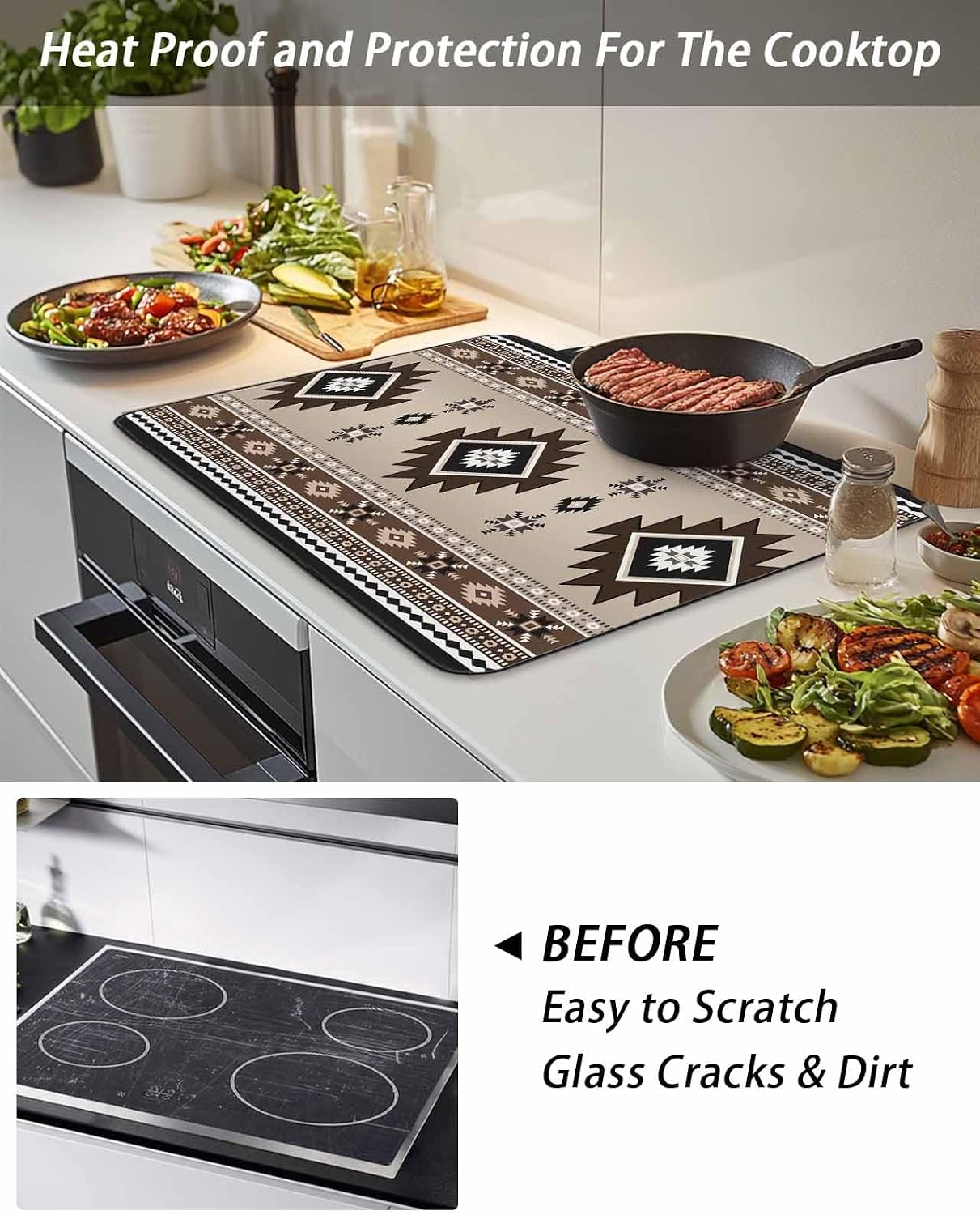 Stove Top Cover Brown Bohemian Stove Cover for Electric Stove Top Southwest Tribal Aztec Boho Glass Cooktop Covers Anti-Slip Mat Heat Resistant Countertop Protector Home Kitchen Decor 28.5"x20.5"