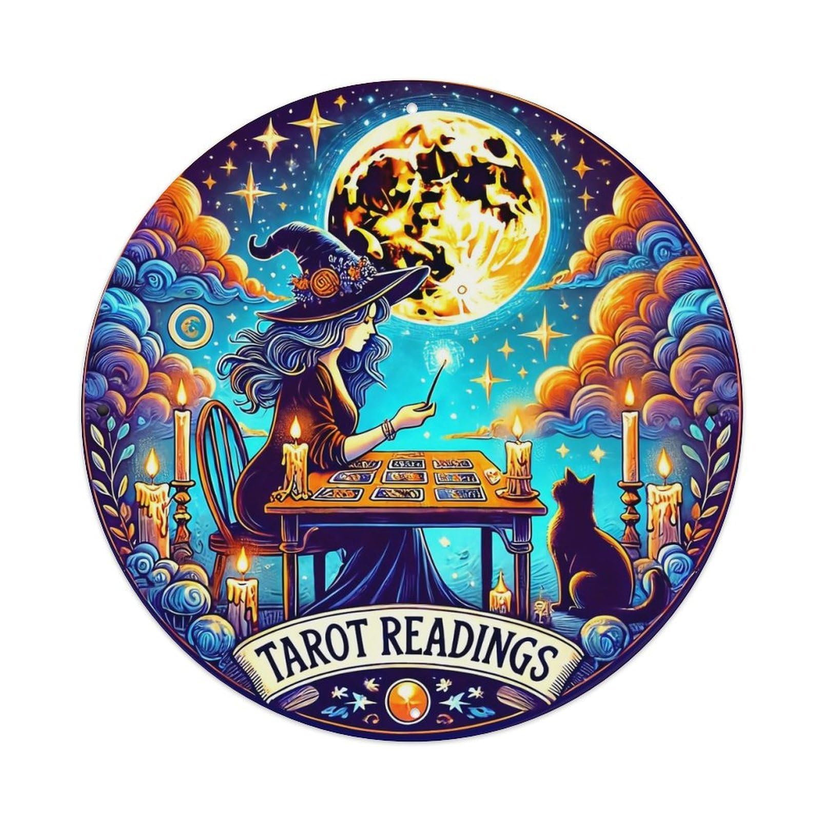 Witch Moon Tarot Cat Candle Round Tin Sign Vintage Metal Sign Home Bar Garden Indoor & Outdoor Wall Decor Retro Metal Poster 8x8 Inch