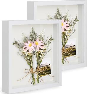 2pcs 7x9 Shadow Box Frame, 3D Picture Frame Display Cas with Real Transparent Glass for Photos, Memorabilia, Crafts, Souvenir, Wedding Memories, Baby Items - White/ 1.2 Inch Depth