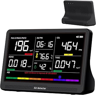 bonoch 16 in 1 Air Quality Monitor Indoor 7" Display 9 AQI+7 AQI Alerts, CO2 Monitor Air Quality Tester for CO2, TVOC, PM2.5 PM1.0 PM10, HCHO Temperature Humidity AQI & Time Air Quality Meter for Home