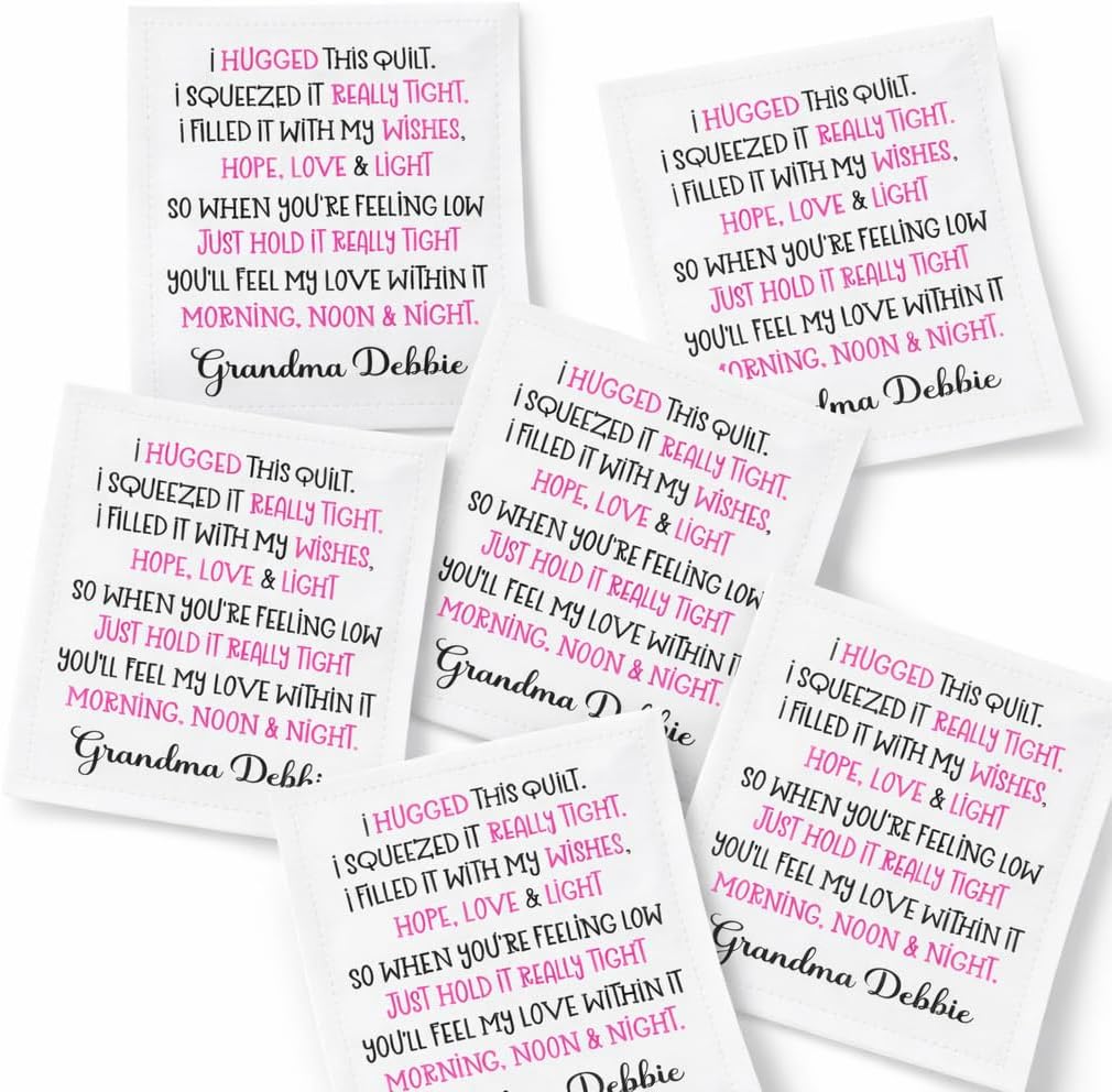 Personalized Quilt Label Poem – “I Hugged This Quilt” Custom Quilt Labels with Name – Cotton or Polyester Fabric Labels – 2.75 x 2.25 Inch – Sheet of 6