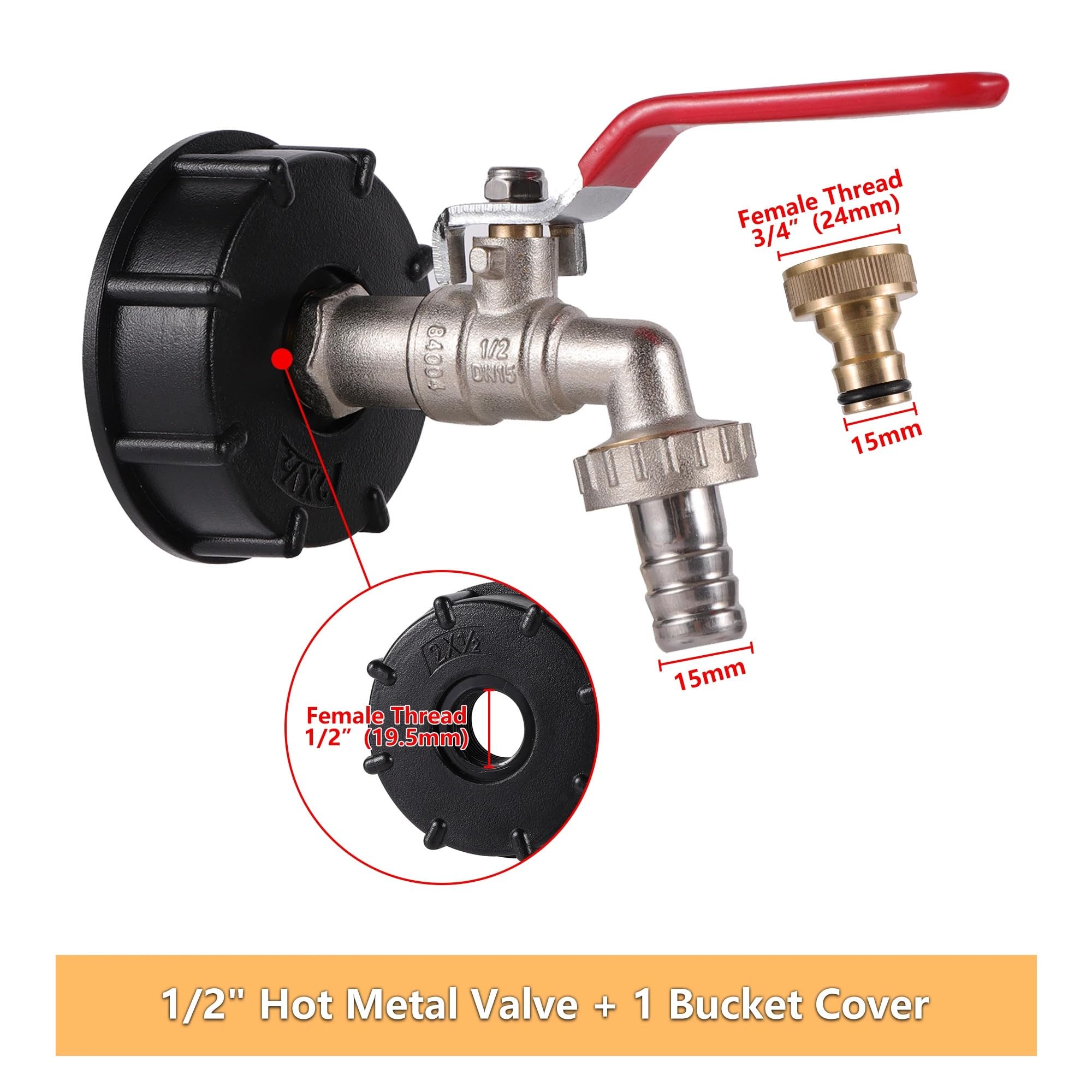 Adapter do kranu zbiornika IBC, nawadniania ogrodu, 1/2" męski, ze stopu metali, pralki, z zaworem włączającym/wyłączającym(8291)