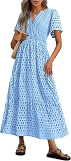 Womens 2025 Summer Maxi Dress Short Sleeve V Neck Hollow Out Eyelet A Line Long Flowy Beach Vacation Dresses - Buy now