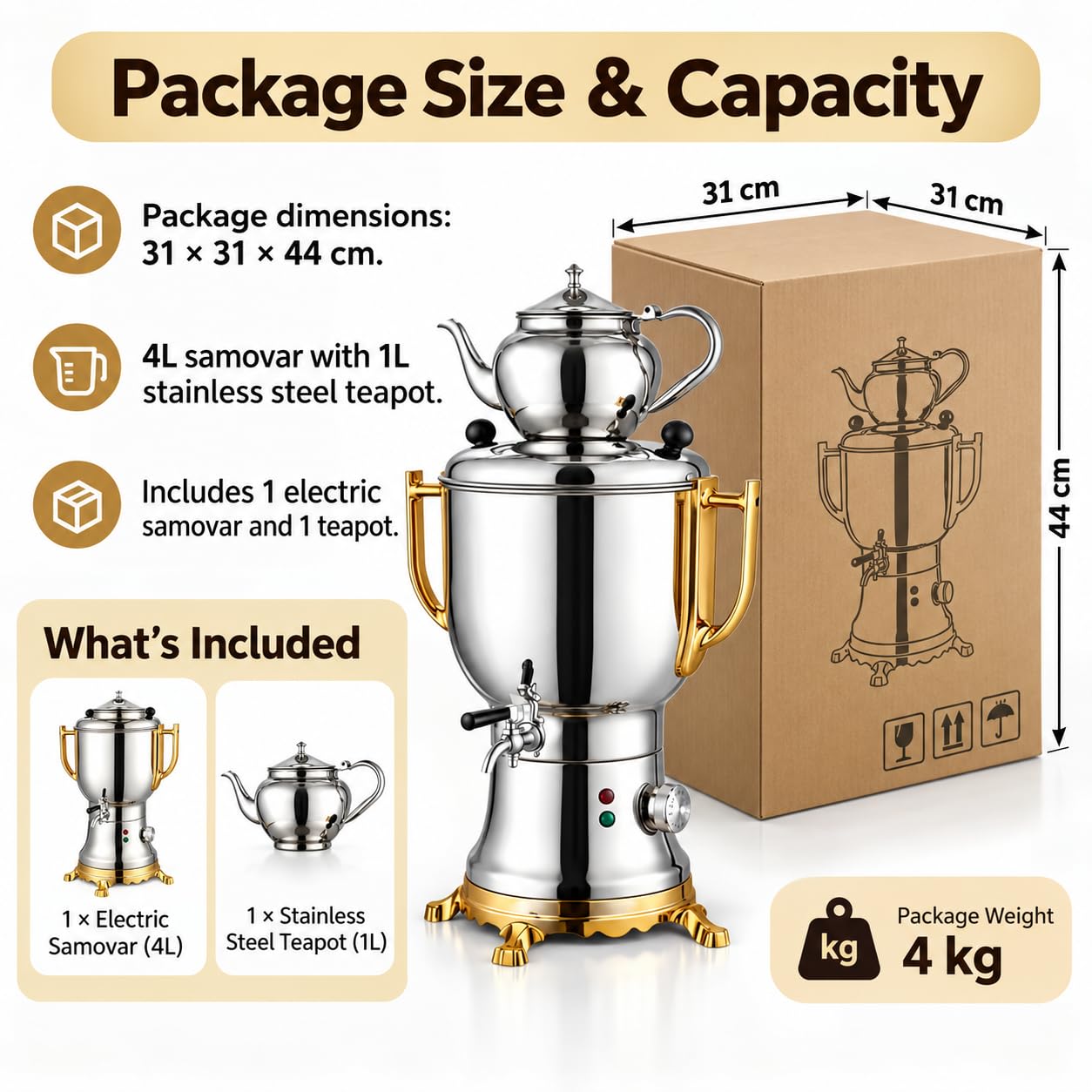 Samovar eléctrico, 4L + 1L, 1800W, mantenimiento automático del calor