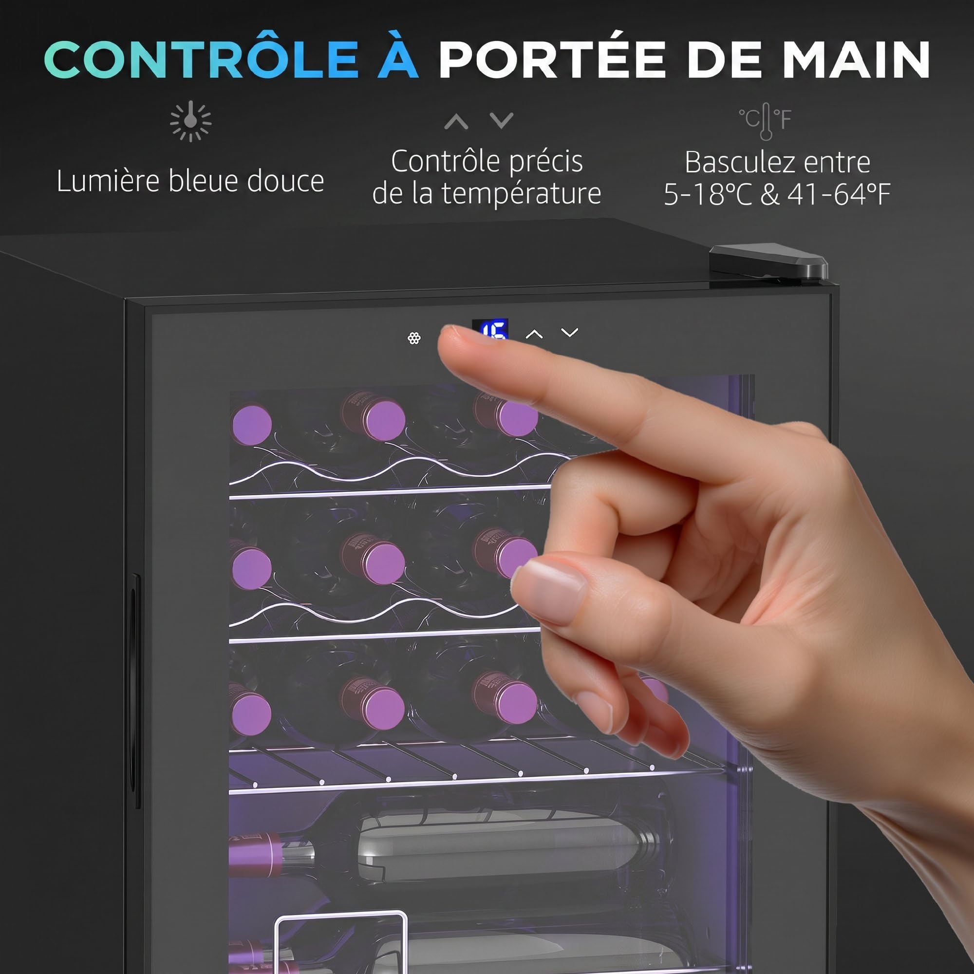HOMCOM Cave à Vin 16 Bouteilles 42L, Réfrigérateur à Vin et Boissons avec Température Réglable 5-18°C, Porte en Verre Trempé, Étagères Ajustables, Écran Tactile, Éclairage LED, Noir