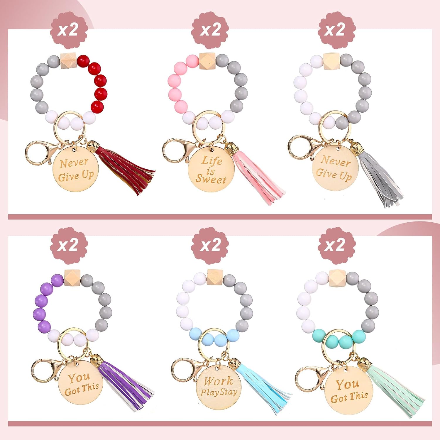 Faccito 12 Pcs Gradudation Inspirational Keychain Bracelet with Tassel Beaded Motivational Quote Wristlet Keyring Grad Gift(Aesthetic Color)