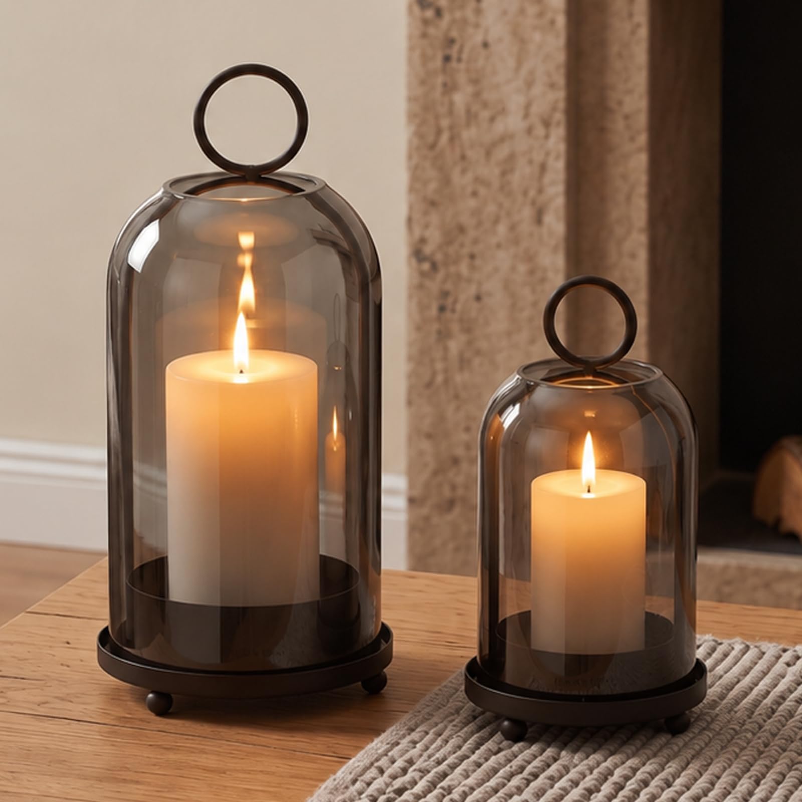Sziqiqi Windlicht Schwarz mit Rauchglas, 2er-Set, Deko für Wohnzimmer