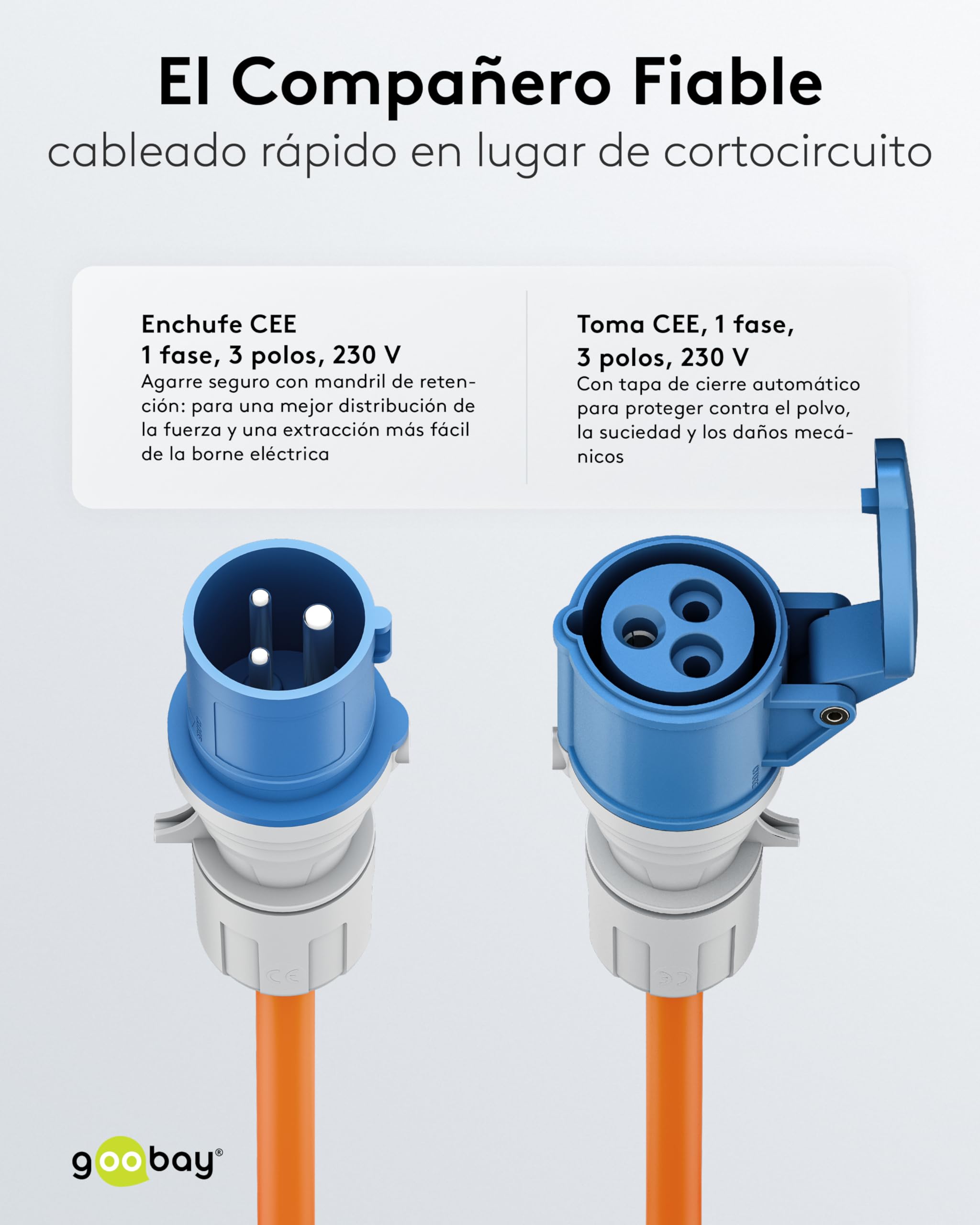 goobay Cable alargador CEE para Caravana, 10m, Enchufe CEE a Toma CEE, Toma CEE con Tapa de Cierre, IP44, Cable de Camping, autocarava y Caravana, 76229