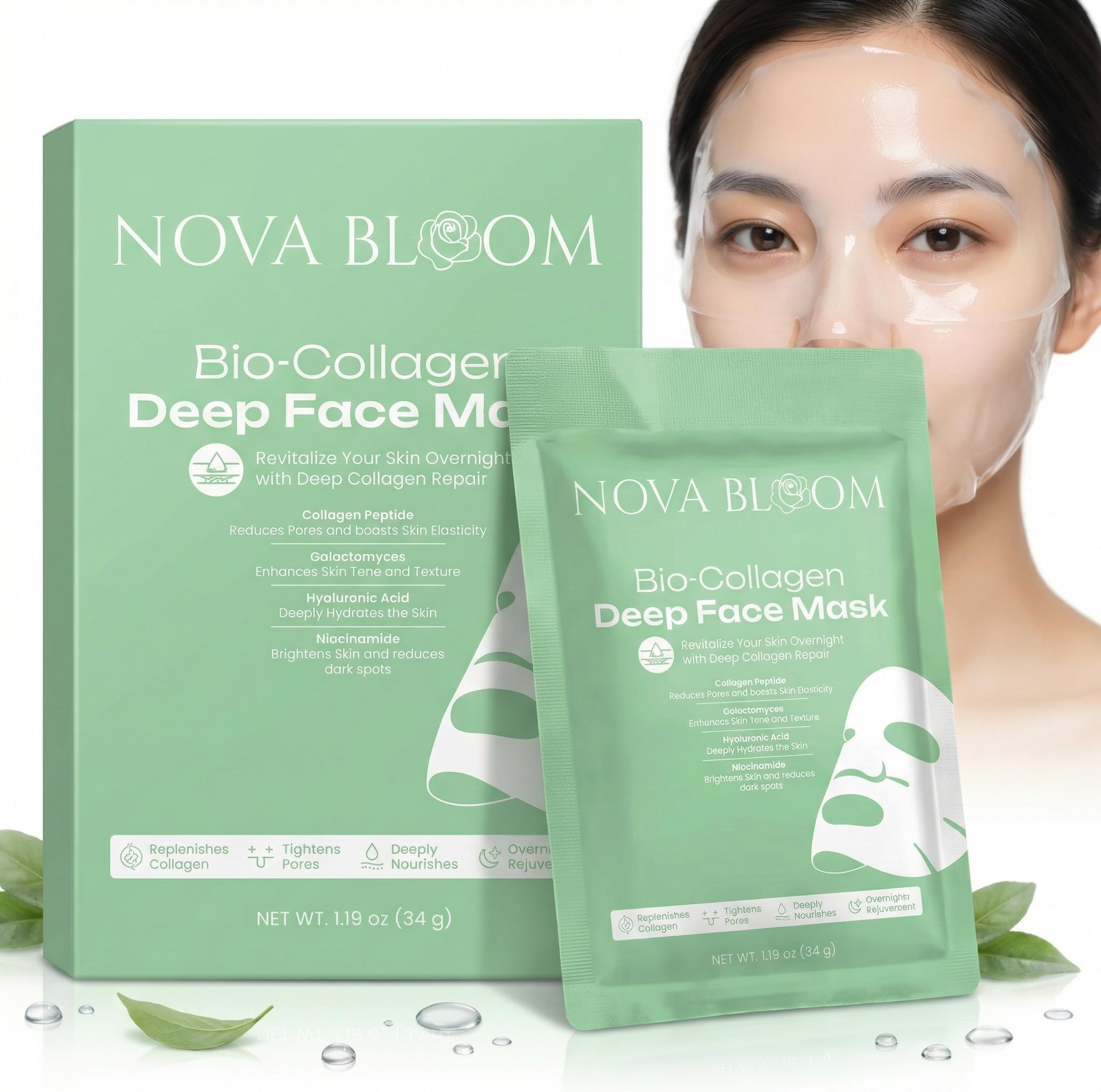 Nova Bloom Bio-Collagen Deep Overnight Mask – 4-Week Intense Skincare Routine Kit – Hydrating Bridal & Event Prep Facial Treatment – Low Molecular Collagen & Niacinamide (Pack of 12)