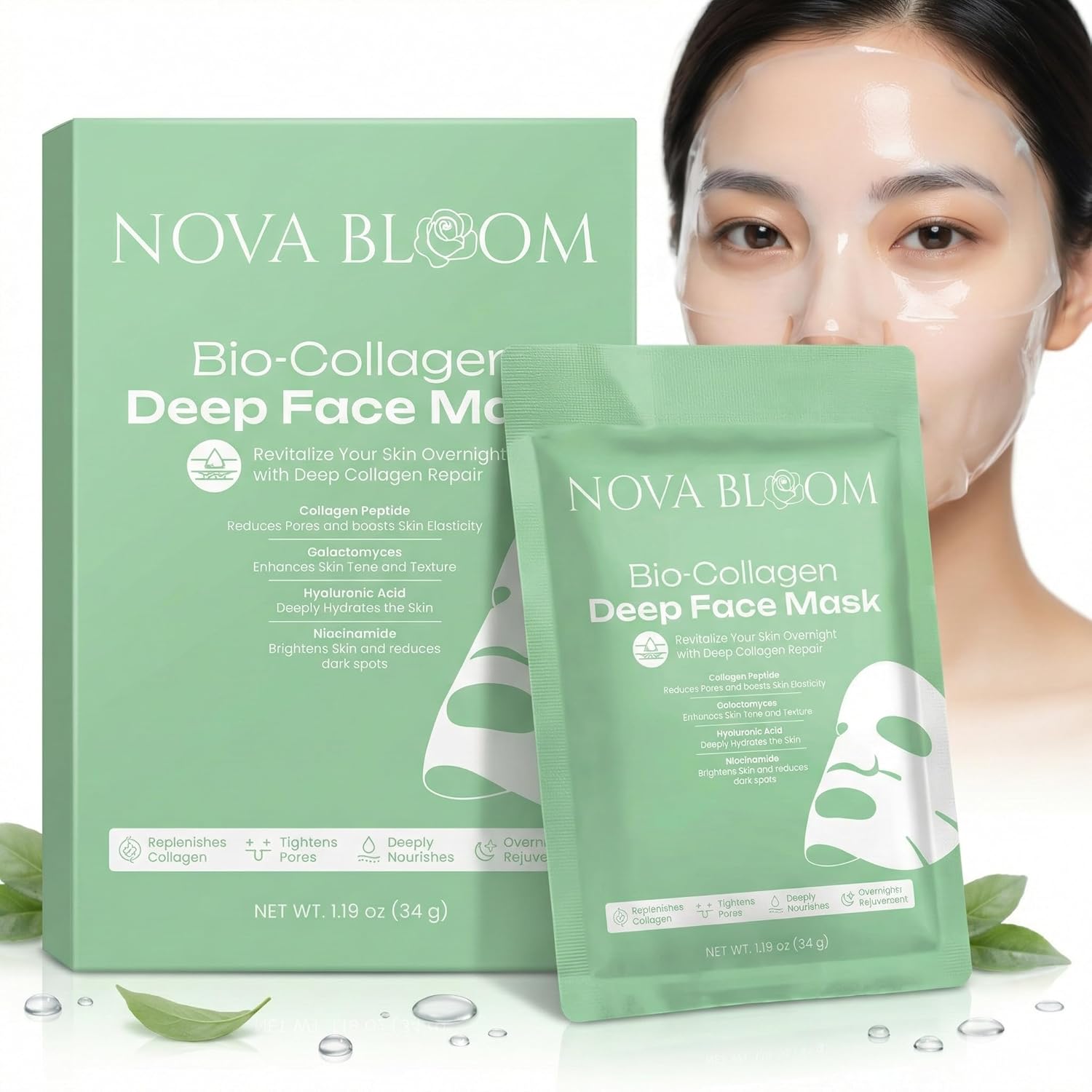 Nova Bloom Bio-Collagen Deep Overnight Mask – Hydrating Hydrogel Face Mask for Korean Glass Skin Glow – Low Molecular Collagen, Niacinamide & Hyaluronic Acid – Pore Refining & Anti-Aging (Pack of 15)