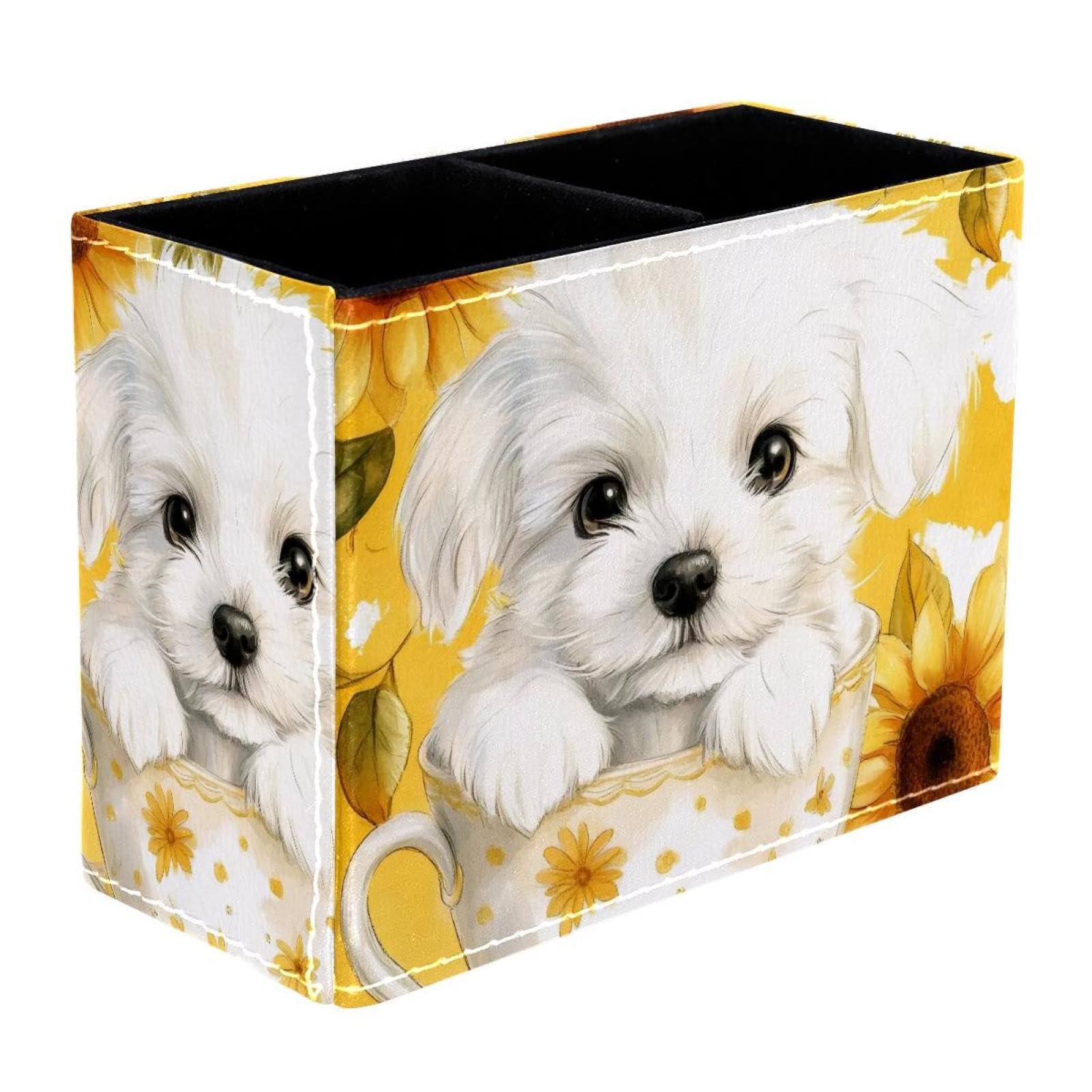 FWJZDSP Pencil Holder for Desk, Dog Cup Sunflowers Pen Holder Storage Desktop Pen Organizer Desk Pencil Organizer Makeup Brush Holder for Office School College