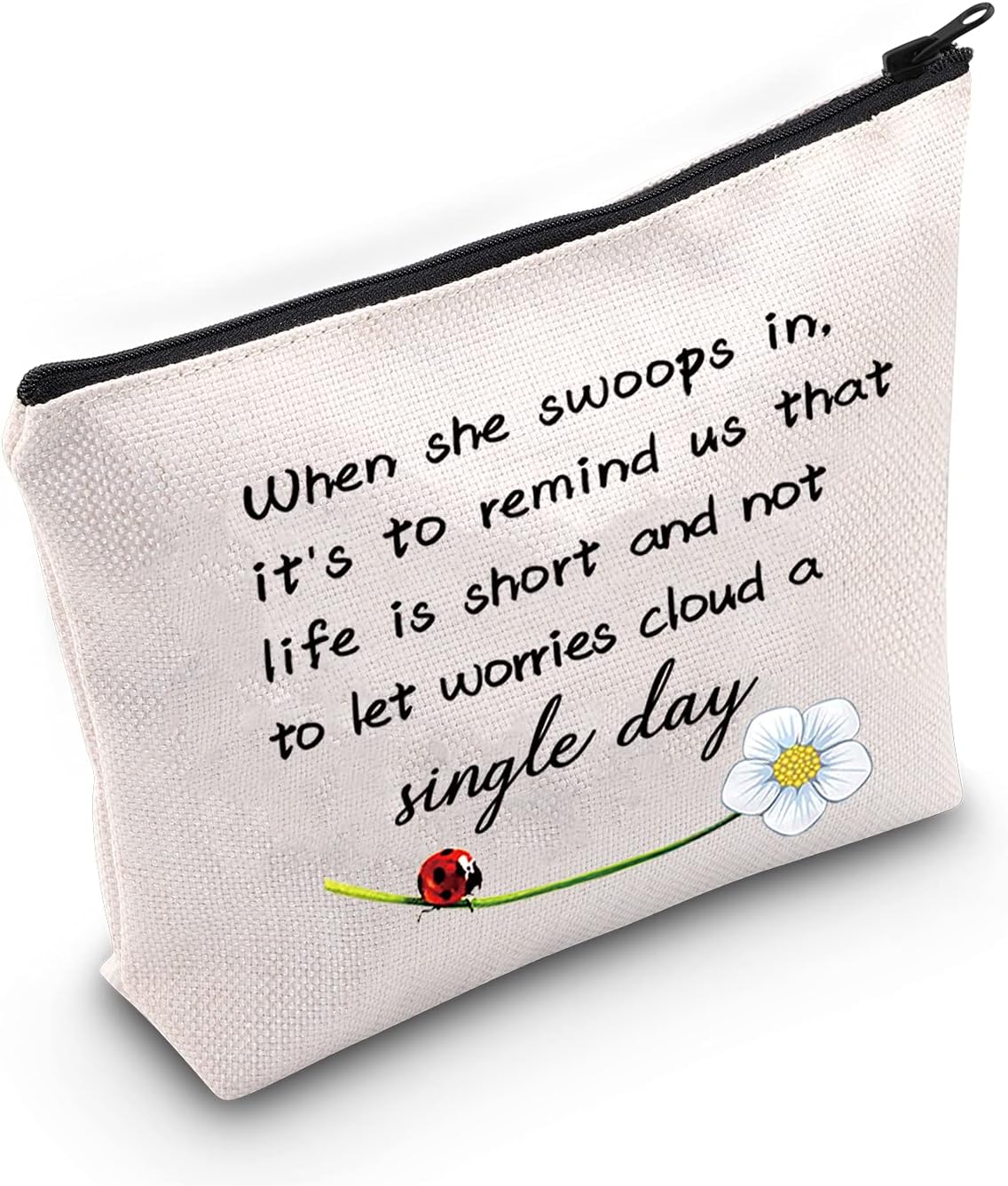 JXGZSO Good Luck Ladybug Makeup Bag With Zipper Gifts For Women When She Swoops In It's To Remind Us Not To Let Worries Cloud A Single Day Cosmetic Bag