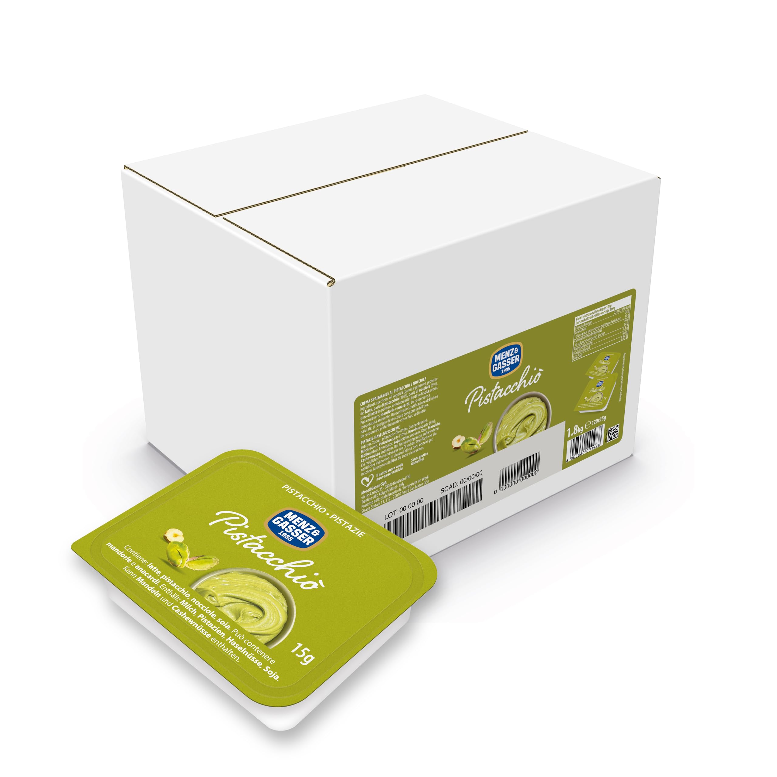 Menz&Gasser Crema di Pistacchio e Nocciole, 120 Porzioni Monouso da 15g, per Colazione Healthy e Dessert, Merenda per Scuola e Ufficio, Consistenza Liscia Vellutata, Sostenibile, Tradizione dal 1935