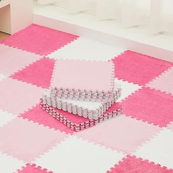 Amylove 72 Pieces Plush Foam Floor Mat Square Interlocking Carpet Tiles with Border 12 x 12 x 0.4 in Fluffy Play Mat Floor Tiles Soft Climbing Area Rugs for Home Playroom(White, Pink, Rose Red)