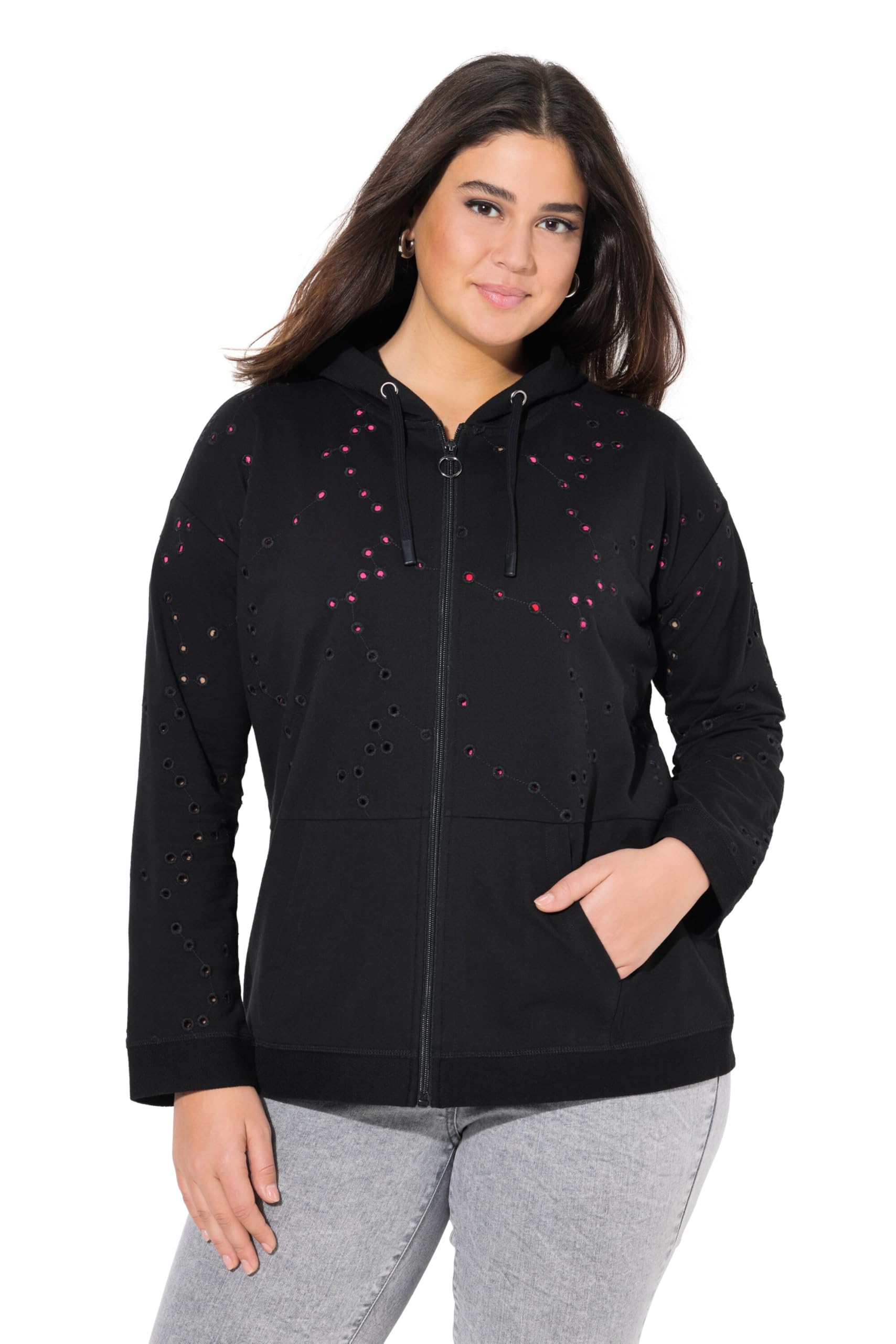 Ulla Popken Damen große Größen Übergrößen Plus Size Sweatjacke, Lochstickerei, Oversized, Langarm 837639