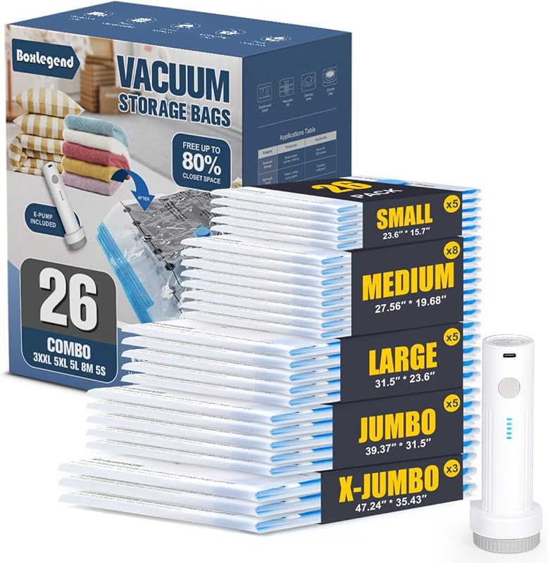 Vacuum Storage Bags with Electric Pump 26 Combo (3X-Jumbo, 5 Jumbo, 5 Large, 8 Medium, 5 Small) Thickened Vacuum Seal Bags for Clothing Space Saving for Coat Quilt Blanket Pillow Comforters