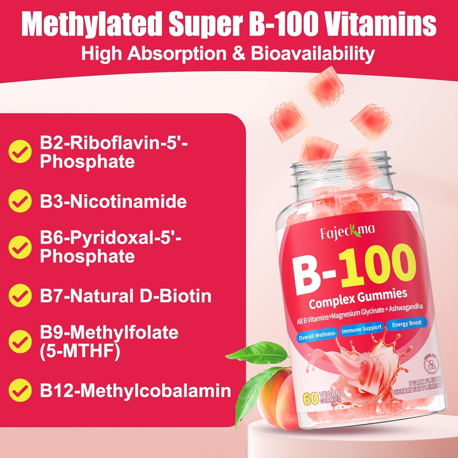 Organic Vitamin B-100 Complex Gummies: Chewable B Complex Supplement with All B Vitamins B1 B2 B3 B5 B6 B7 B9 B12 Plus D3 Zinc Ashwagandha - Energy Support for Work Women Men Vegan(120Count)
