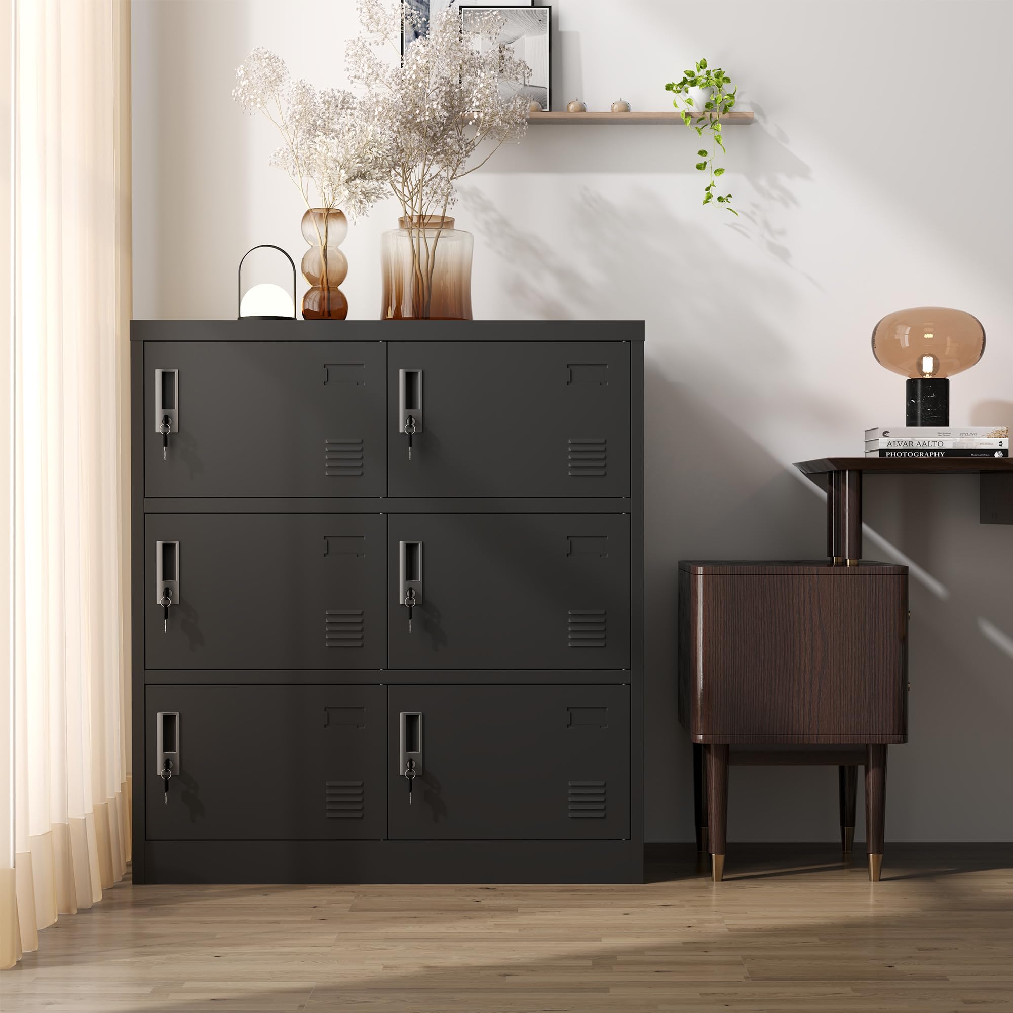 Armario de metal con cerradura individual para oficina, gimnasio, escuela, garaje, documentos, herramientas, objetos de valor, color negro, 90 x 40 x 100 cm (6 puertas)