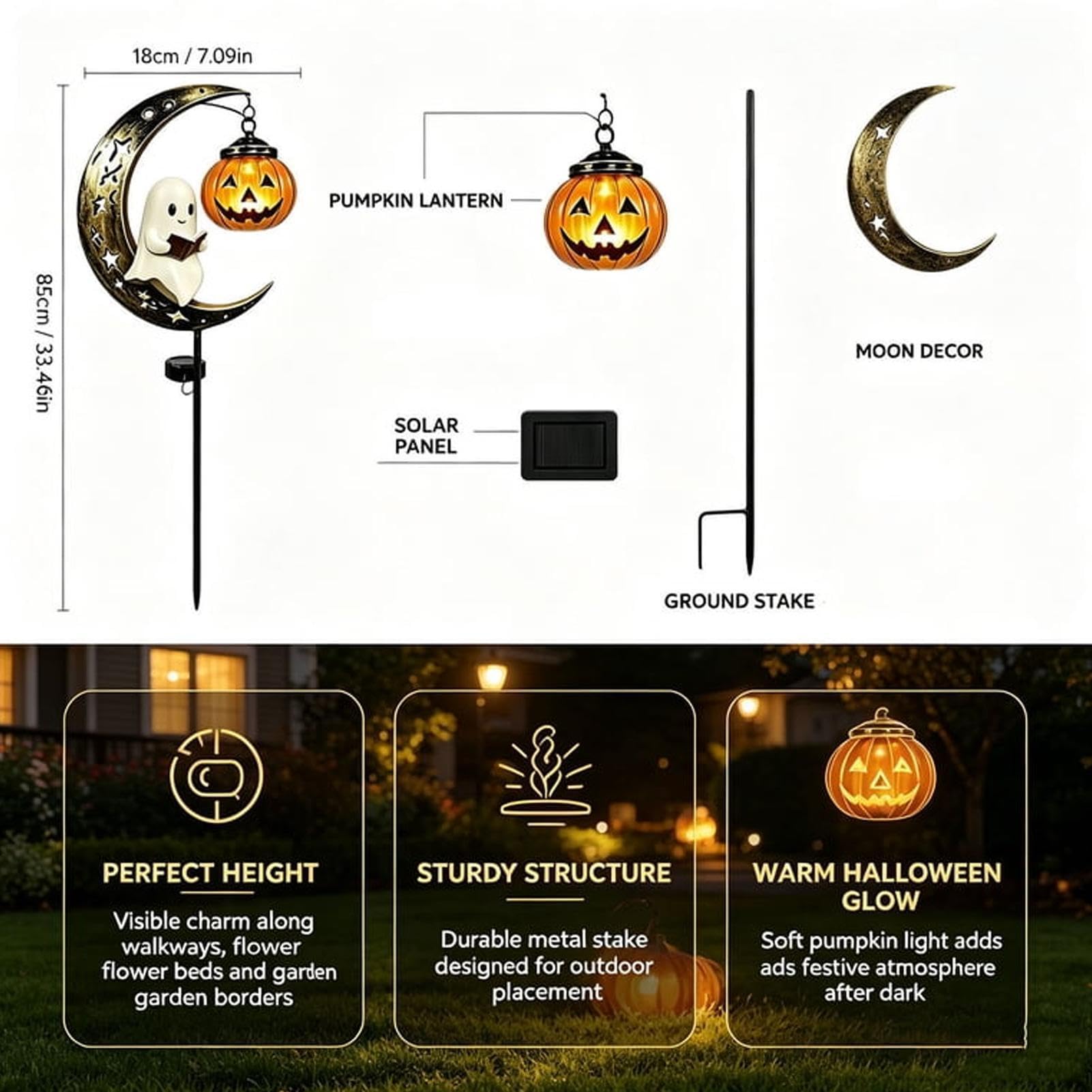 Halloween Lampy Solarne Na Palik Zewnętrzne Wodoodporny Palik Z Duchem | Lampy Solarne Figurki Dyni Zewnętrzne Ogród Ganek Chodnik Zewnątrz Trawnik Dziedziniec Ziemia