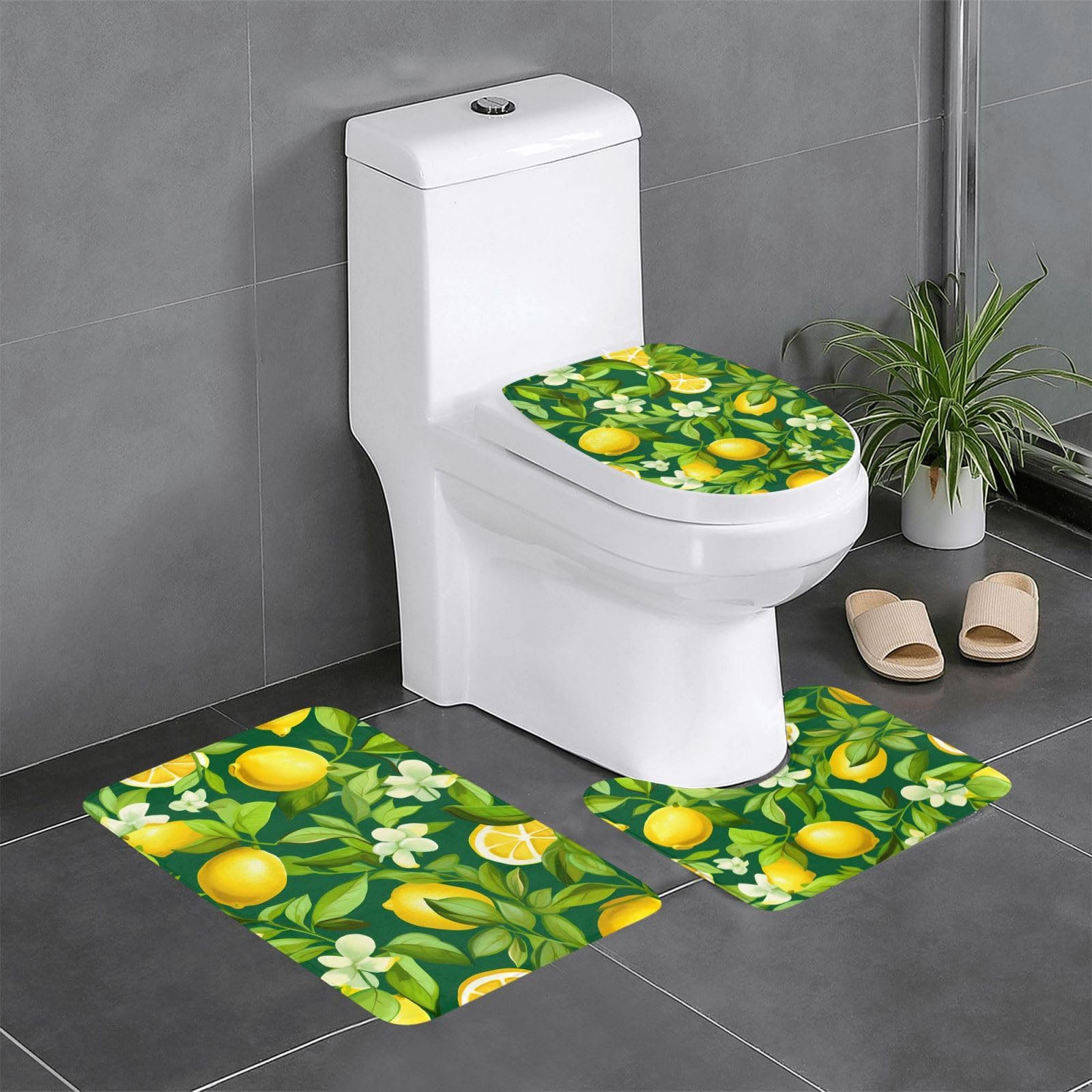 Tapis de salle de bain antidérapant lot de 3 absorbant imprimé agrumes contour et ovale