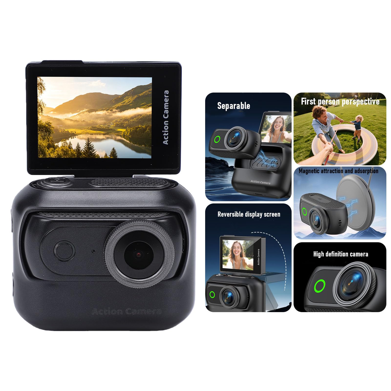 Sxhlseller Action Camera 4K con Schermo Ribaltabile, Fotocamera POV Magnetica Indossabile con Registrazione Audio Video, Fotocamera Wireless per il Pollice, Sportiva a Doppia (BLACK)