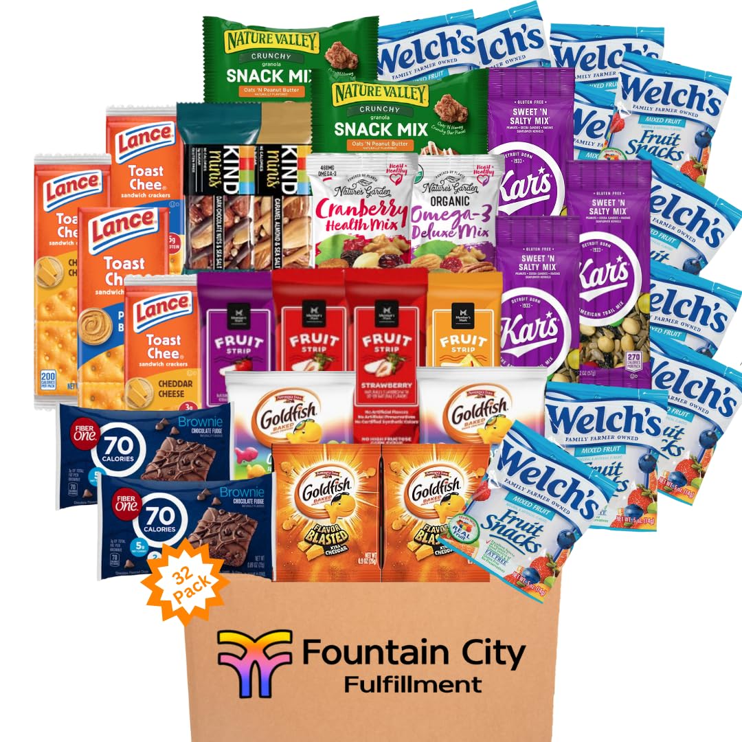 Fountain City Fulfillment Variety Snack Box for Kids and Adults, 32 Pc. Assorted Pack, Sweet n’ Salty and Cranberry Trail Mix, Granola Bars, Fudge Brownies, Gummy Fruit Snacks, Crackers, Goldfish (32 Count)